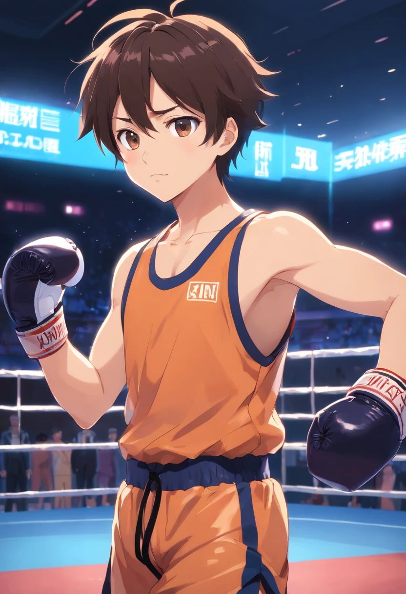Um menino, transformado em um estilo anime, with facial features and boxing clothes, Standing in a boxing ring, fundo retroiluminado destacando o assunto,4K high definition quality, jovem, sorridente, bonito