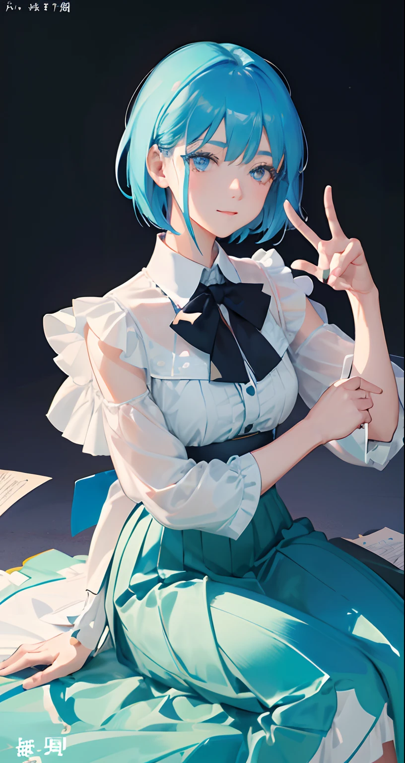 masterpiece、top-quality、Movie stills、One girl、、(a closeup:1.1)、with light glowing、Happiness、A delightful、Soft lighting、(Bauhaus、form、Line、abstracted:1.1)Gilji Bluehair Shorthair、butterflys々、Black long skirt((masterpiece)), deadpan, (((top-quality))), ((illustratio)),
1girl in,, ((独奏)), (详细的脸), (Beautiful details), Bright eye, blue eyess, ((dishevled hair)),
A smile、blank stare、sitting on、((Facing to the side))、
Bow Tie Hair Band、Black transparent skirt、noble、Mystical、
Bright background、write、
(magazine:1.1), (cover-style:1.1), Fashionable, femele, with a vibrant, outfits, the pose, the front, Colorful, Dynamic, Background with, element, I'm confident, expresive, ngel, statement, accessorized, An majestic, coiled, surroundings, Touch, The scene, Texto, covers, It's bold, captures the attention, Titles, Stylish, Catchy, headline, The large, Impressive, moderno, Trendy, Focus, lo fashion,Gilji Blue Hair Short Hair、Gilji Bluehair Shorthair、girj blue hair short hair, wearing a suit