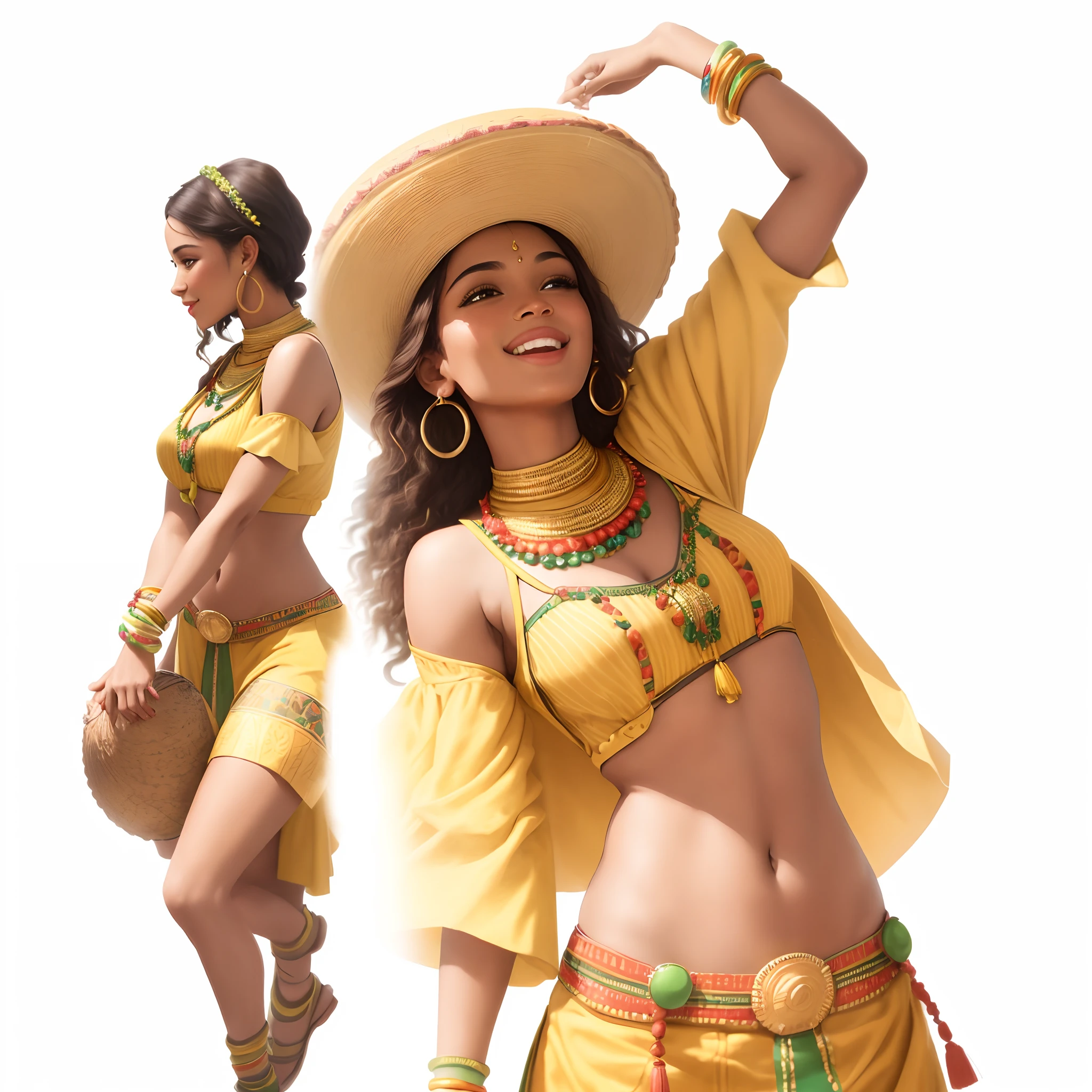 Masterpiece, best quality, very detailed beautiful faces and hands, one woman in tribal yellow and green clothes dances, she smiles and winks, one man in profile plays african drum