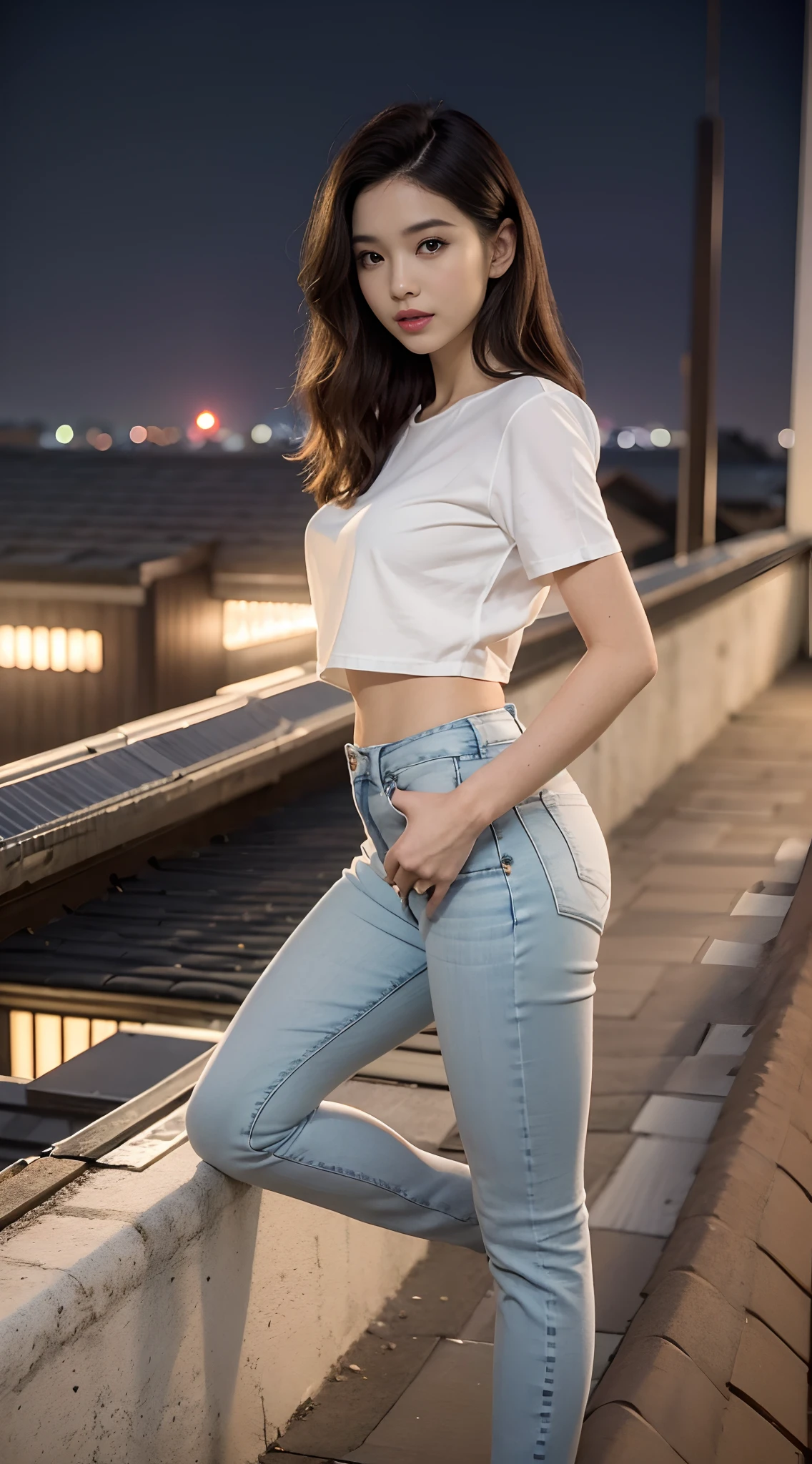 ((midynight, Need, 8K, tmasterpiece:1.3)), full bodyesbian, Thin legs, Focalors:1.2, (Skinny and small,Height one meter five)big breasts beautiful(junior school student)girlfriend:1.4, Slim abs:1.1, ((hair straight,Dark brown hair, Medium-sized breasts:1.2 )), (Stylish white loose shirt,The hem flutters, Stylish little flared jeans, standing on your feet:1.2), ((city night scene, the roof:1.3)), Highly detailed facial and skin texture, A detailed eye, Single Eyelids,Smile showing teeth,Super nice looking,Fair and well-proportioned legs,Lengthened jeans,Wear sandals,Reveals tender white toes,taken from the side,Show off your slender waist and beautiful hips,Pose sexy seduction,fully body photo
