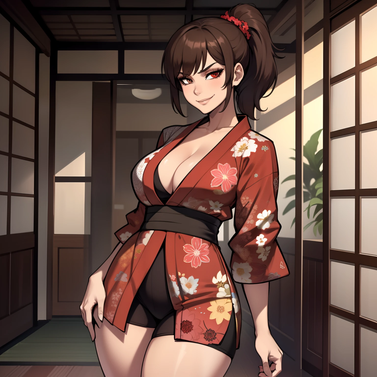 one female with short ponytail brown haircut, has brown eyes, long form fitting red floral kimono, alone, solo, (ALONE)(SOLO), showing cleavage, facing forward, looking at me, looking forward, smirk, showing full legs, looking casual