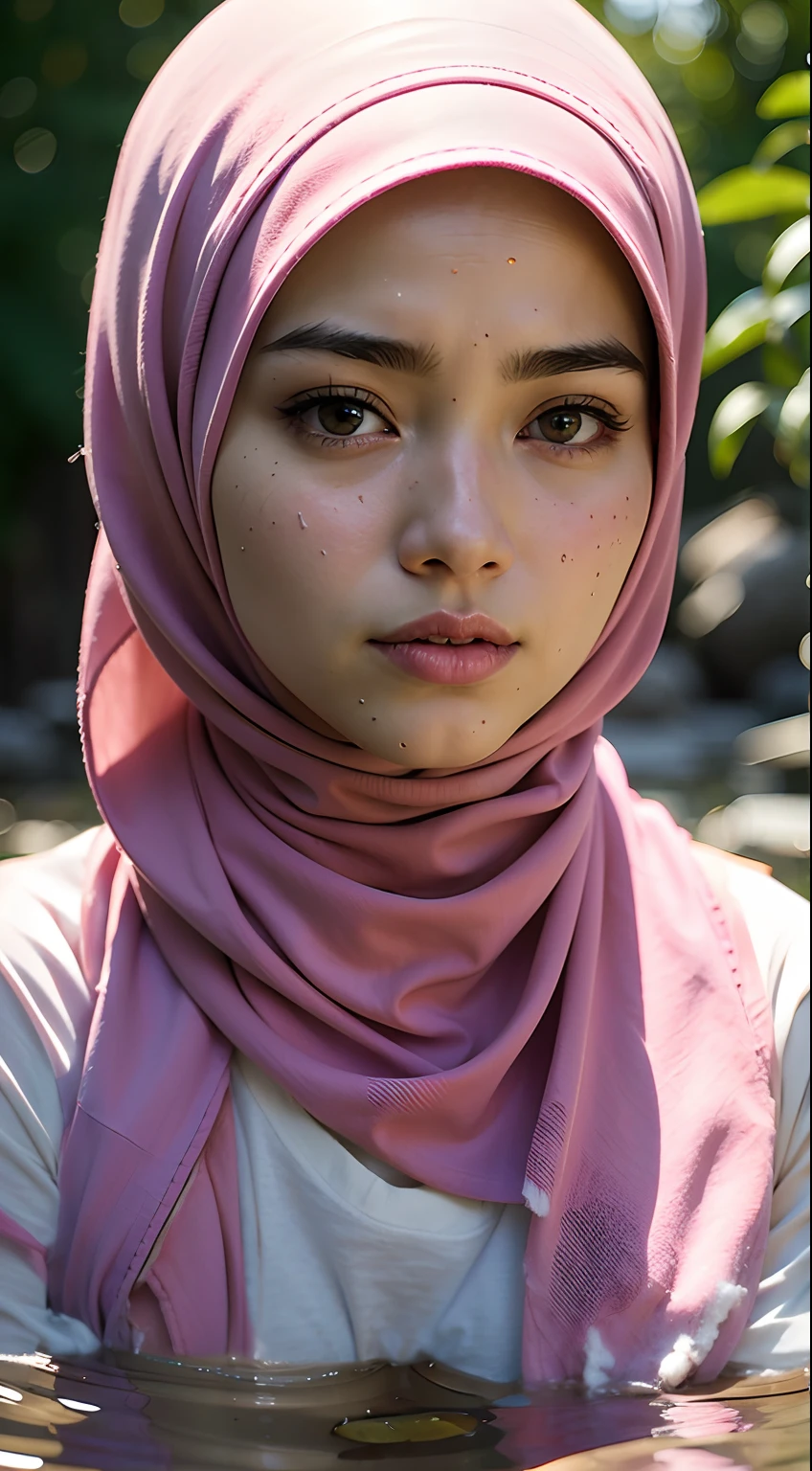 (2 young Malay women:1.3), Cara malaya,(desnudo:1.3), (hijab:1.4), Hermosos pechos, (Detalles de un rostro muy bonito), Use hijab de color pastel, Detalle de la textura de la piel,  (La mejor calidad:1.4), 8K resolution, High resolution, (fotorrealista, High resolution:1.4), Foto RAW, (realista, Fotorrealista:1.37), Brillo en los labios, labios separados, Staring at me, nariz, realista, El bosque, cinematic lighting, Taking a dip in the river, Moist body, wet face,