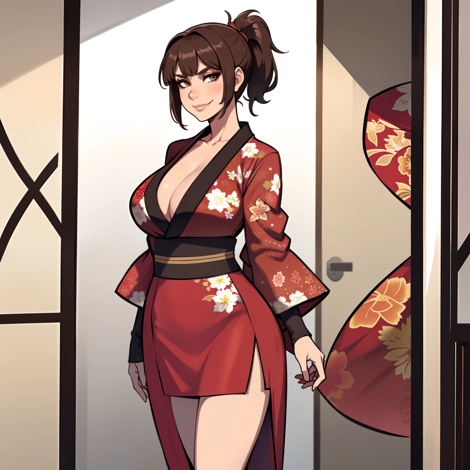 one female with short ponytail brown haircut, has brown eyes, long form fitting red floral kimono, alone, solo, (ALONE)(SOLO), showing cleavage, facing forward, looking at me, looking forward, smirk, showing full legs, looking casual