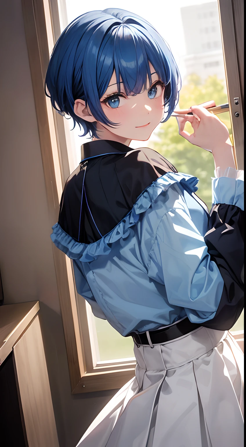 ​masterpiece、top-quality、Movie stills、One girl、、(a closeup:1.1)、with light glowing、Happiness、A delightful、Soft lighting、(Bauhaus、form、Line、abstracted:1.1)Gilji Blue Hair Short Hair、butterflys々、Black long skirt((​masterpiece)), deadpan, (((top-quality))), ((illustratio)),
1girl in,, ((独奏)), (详细的脸), (Beautiful details), Bright eye, blue eyess, ((dishevled hair)), 
A smile、blank stare、sitting on、((Facing to the side))、
Bow Tie Hair Band、Black transparent skirt、noble、Mystical、
Bright background、write、
(magazine:1.1), (cover-style:1.1), Fashionable, femele, with a vibrant, outfits, the pose, the front, Colorful, Dynamic, Background with, element, I'm confident, expresive, ngel, statement, accessorized, An majestic, coiled, surroundings, Touch, The scene, Texto, covers, It's bold, captures the attention, Titles, Stylish,  Catchy, headline, The large, Impressive, moderno, Trendy, Focus, lo fashion,Gilji Bluehair Shorthair、Gilji Blue Hair Short Hair、Gilji Bluehair Shorthair, Wearing a suit