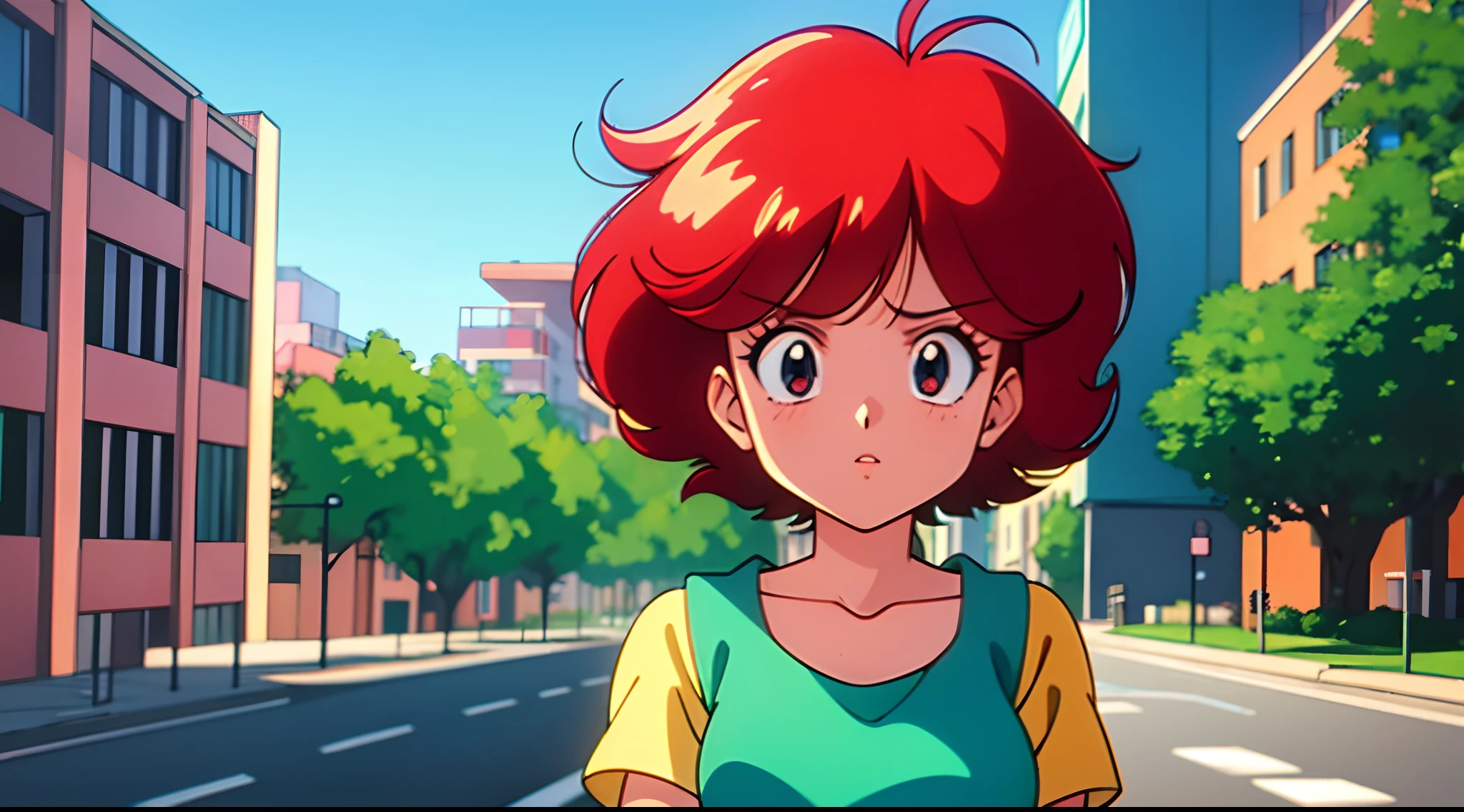 A woman with red hair and a green shirt in front of a building, menina lofi, 8 0 s vibe anime, anime vibes, Digital anime illustration, retro anime girl, menina anime sedutora, Elogio Artstyle, no estilo de arte do anime 8 0 s, Estilo anime. 8k, arte digital do anime cyberpunk, Estilo anime 4k