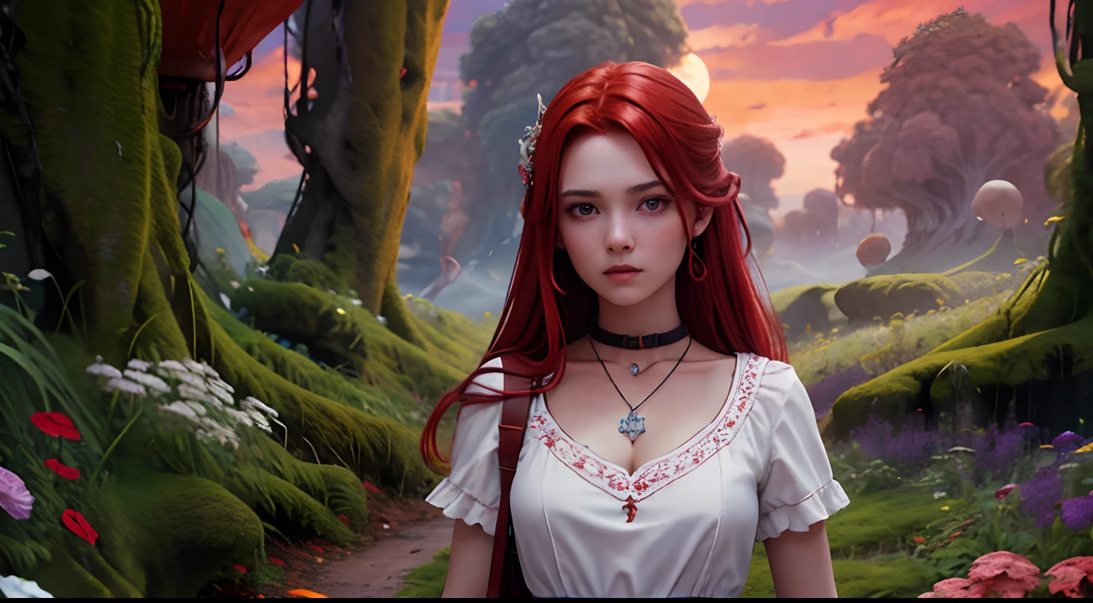 1 saint priest, red and white dress, red eyes, red hair,  girl, Spatula in hand, Best Quality, Ultra High Resolution, high detailed skin, high detailed face, belt, religious necklace, in a fantasy meadow, purple glowing tree, red sun, Best Quality, Ultra High Resolution, Best Quality, Ultra High Resolution,