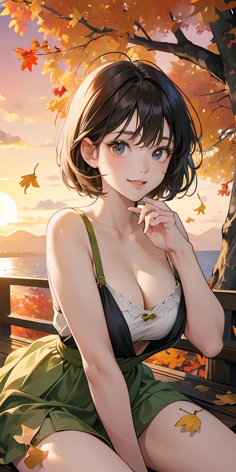 realisticlying、 female child、Outdoohion、Thigh emphasis ginkgo tree、Beautiful autumn leaves、Slightly larger breasts with an emphasis on cleavage、Versatile sexy poses、The sky turns red at sunset、Face smile