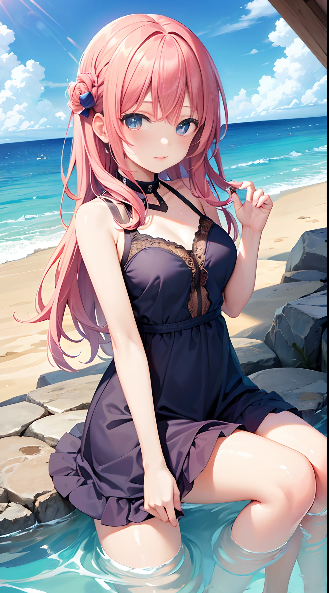 garota coelho sexy, Girl anime version, Beautiful strokes, garota sensual, sexy, garota travessa, vestido de praia, garota com vestidinho, ((vestido preto escuro)) cabelo rosa, ((cabelo rosa)) cabelo rosa claro, Rosa, orelhas de coelho