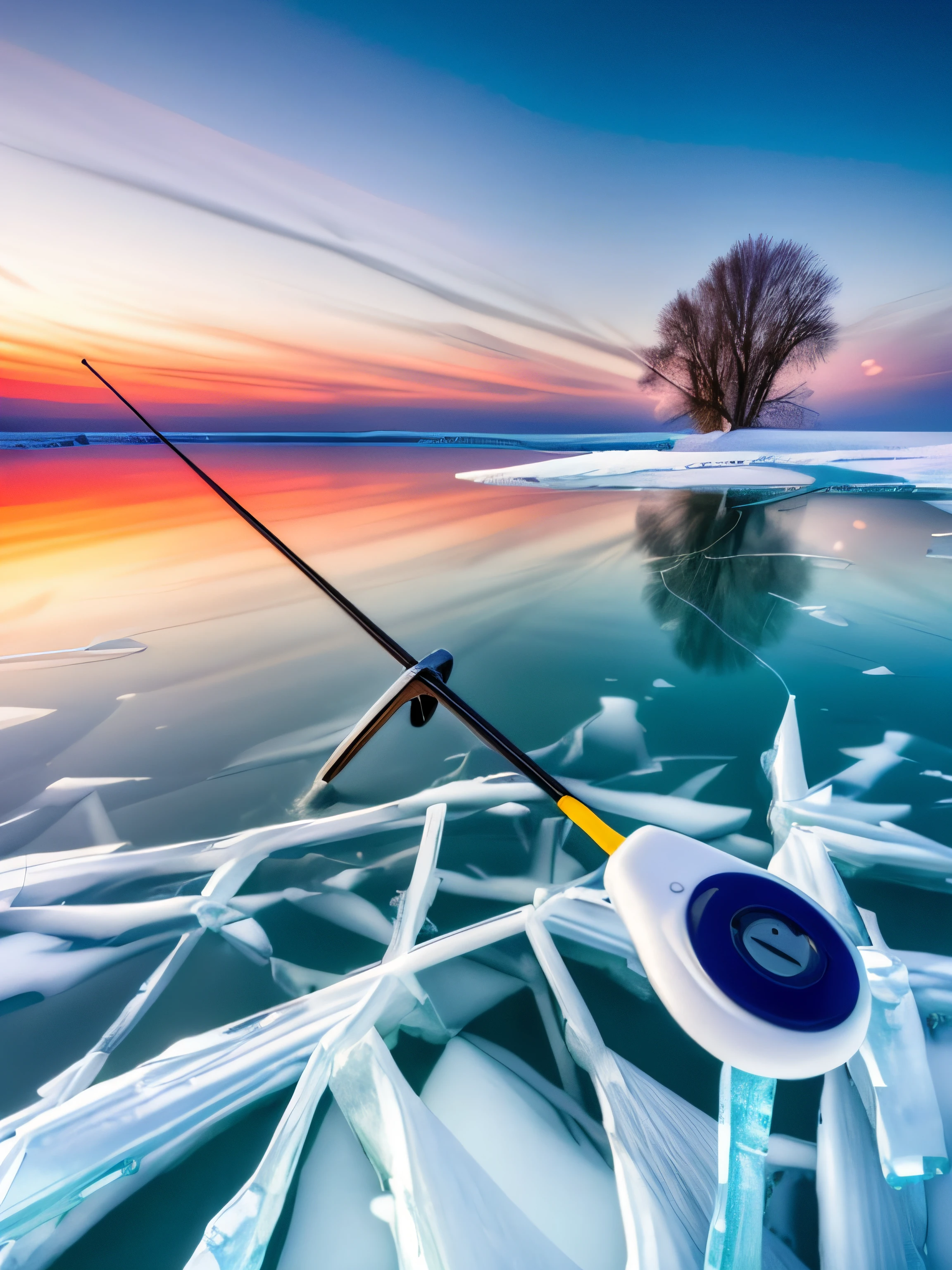 Image of a clock on ice with a tree in the background, Ice Lake Setting, Shooting on ice, Winter environment, Frozen lake, Ice Fish Shape, On the frozen Danube, fishing pole, Electric cats, that fly on the ice, Stunning photography, Winter situation on the lake, ice, bottom angle, photography closeups, Frostbolts, by Igor Grabar, beautiful photo