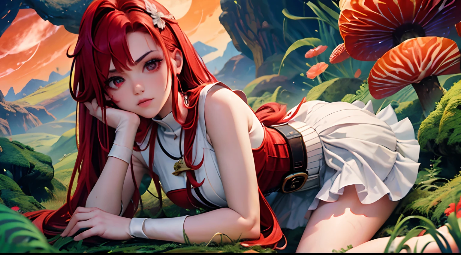 1 saint priest, red and white dress, red eyes, red hair, ************ girl, Spatula in hand, Best Quality, Ultra High Resolution, high detailed skin, high detailed face, belt, religious necklace, in a fantasy meadow, purple glowing tree, red sun, Best Quality, Ultra High Resolution, Best Quality, Ultra High Resolution,