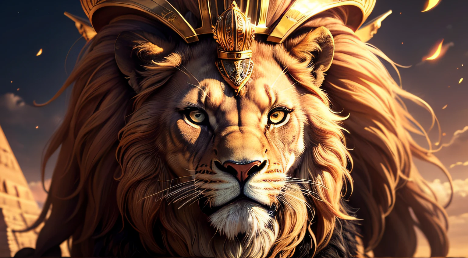 (best quality,ultra-detailed,highres,masterpiece:1.2),portraits,Anhur the Egyptian lion-headed god,Realistic,photorealistic,photography,long,flowing mane,lion-like face,intense eyes,proud expression,regal,divine figure,standing tall,strong muscular body,golden fur,strong and sturdy legs,sharp claws,roaring with power and authority,majestic presence,sunlit background,dramatic lighting,rich colors,contrast,detailed textures,bejeweled necklace and crown,ancient Egyptian symbols,historical significance,Egyptian mythology,embodying lion's strength and nobility