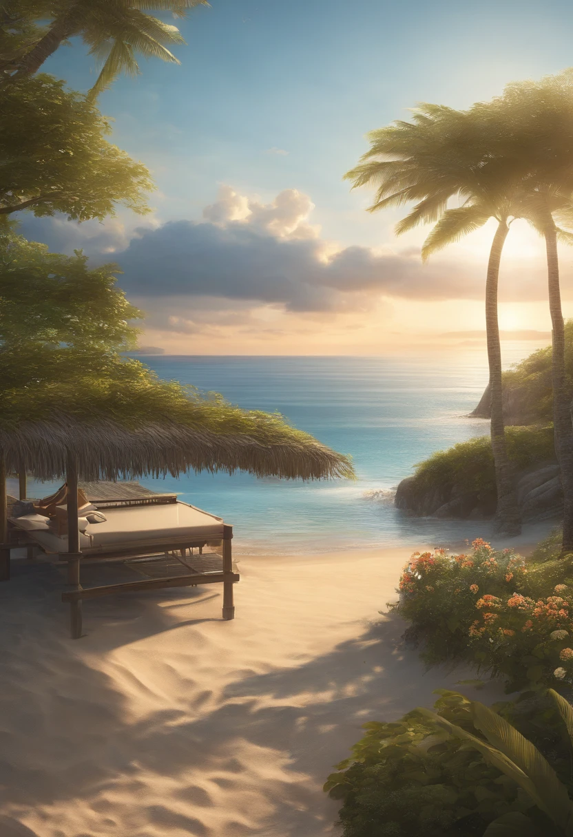 landscape, summer, sunset, okinawa, sea, uninhabited, beach, nobody, hot weather, sunset, HD detail, ultra detail, film, hyperrealism, soft light, deep focus bokeh, ray tracing, art station pixiv gwise, makoto shinkai, art germ