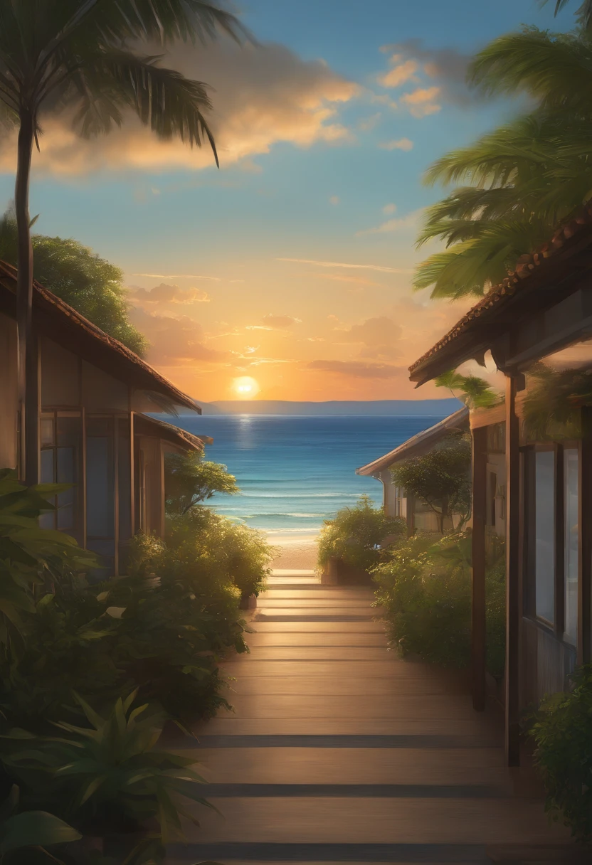 landscape, summer, sunset, okinawa, sea, uninhabited, beach, nobody, hot weather, sunset, HD detail, ultra detail, film, hyperrealism, soft light, deep focus bokeh, ray tracing, art station pixiv gwise, makoto shinkai, art germ