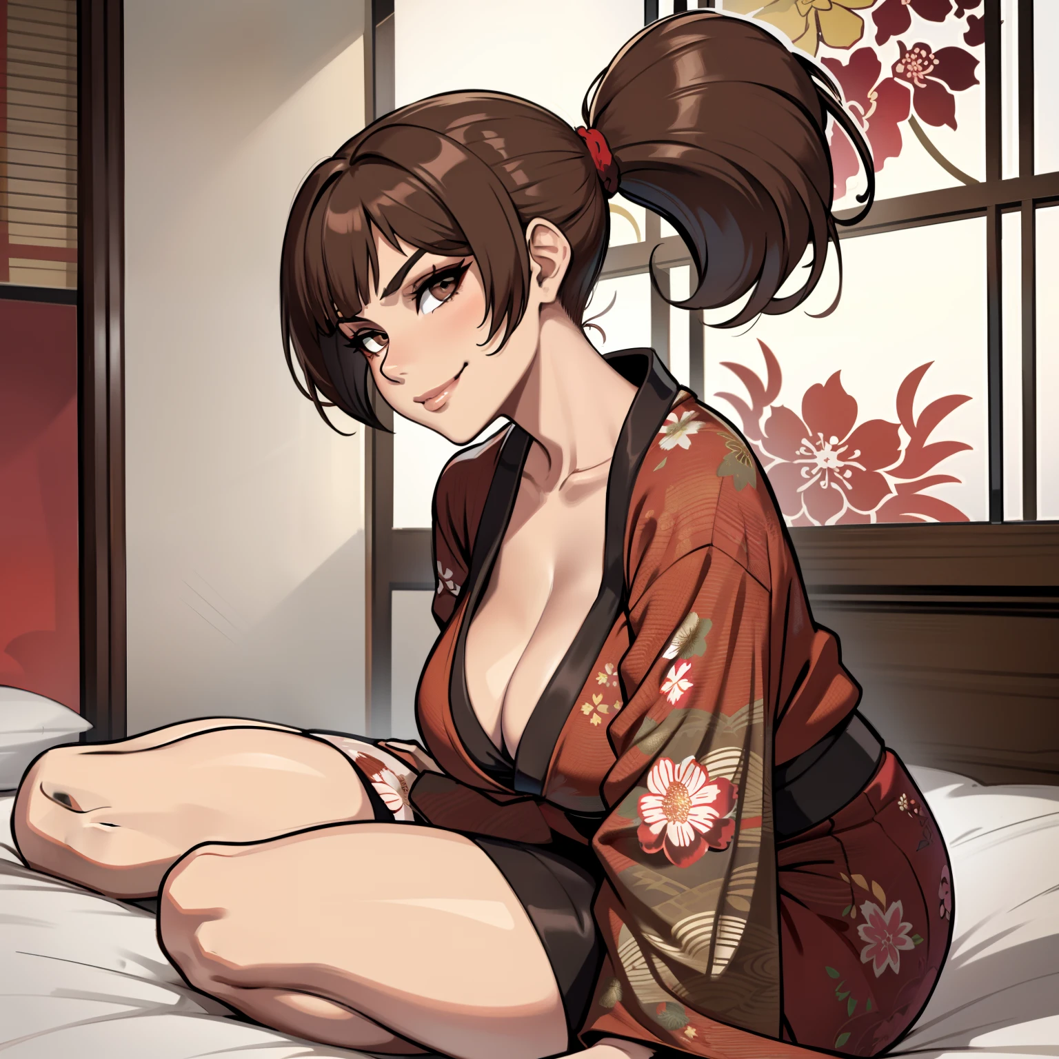 one female with short ponytail brown haircut, has brown eyes, long form fitting red floral kimono, alone, solo, (ALONE)(SOLO), showing cleavage, facing forward, looking at me, looking forward, smirk, showing full legs, looking casual, laying on bed