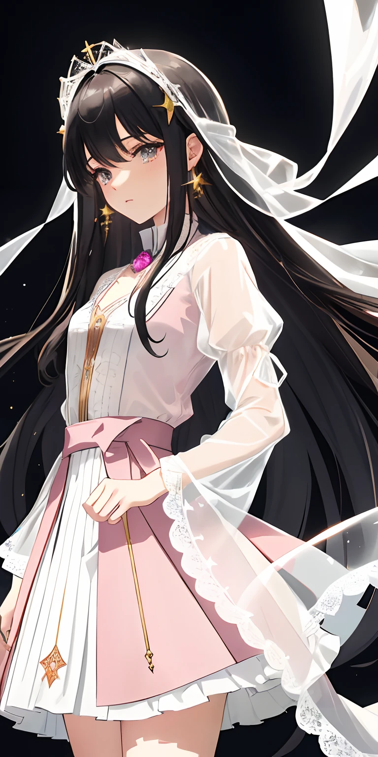 A 17 years old girl, super Long, flowing black hair.
	•	Gentle facial features with a hint of mystery and confusion in her eyes.

Wearing a (light pink) and pale white dress, which incorporates subtle gold or silver details.
The dress combines elements of both a pleated skirt and a flat skirt: the center portion of the dress is flat, while the sides have gentle pleats.
She has light pink Mary Jane shoes paired with white lace-trimmed socks.
Slightly tightened puff sleeves that reflect her calm and reserved nature.
A simple belt around her waist, holding a few small magical tools.
(A translucent, gauzy shawl:1.3)
Simple star-shaped earrings.
Her medieval dress is embroidered with magical symbols or runes.
	•	Despite her strong magical powers, her overall appearance exudes a sense of understated elegance and gentleness.