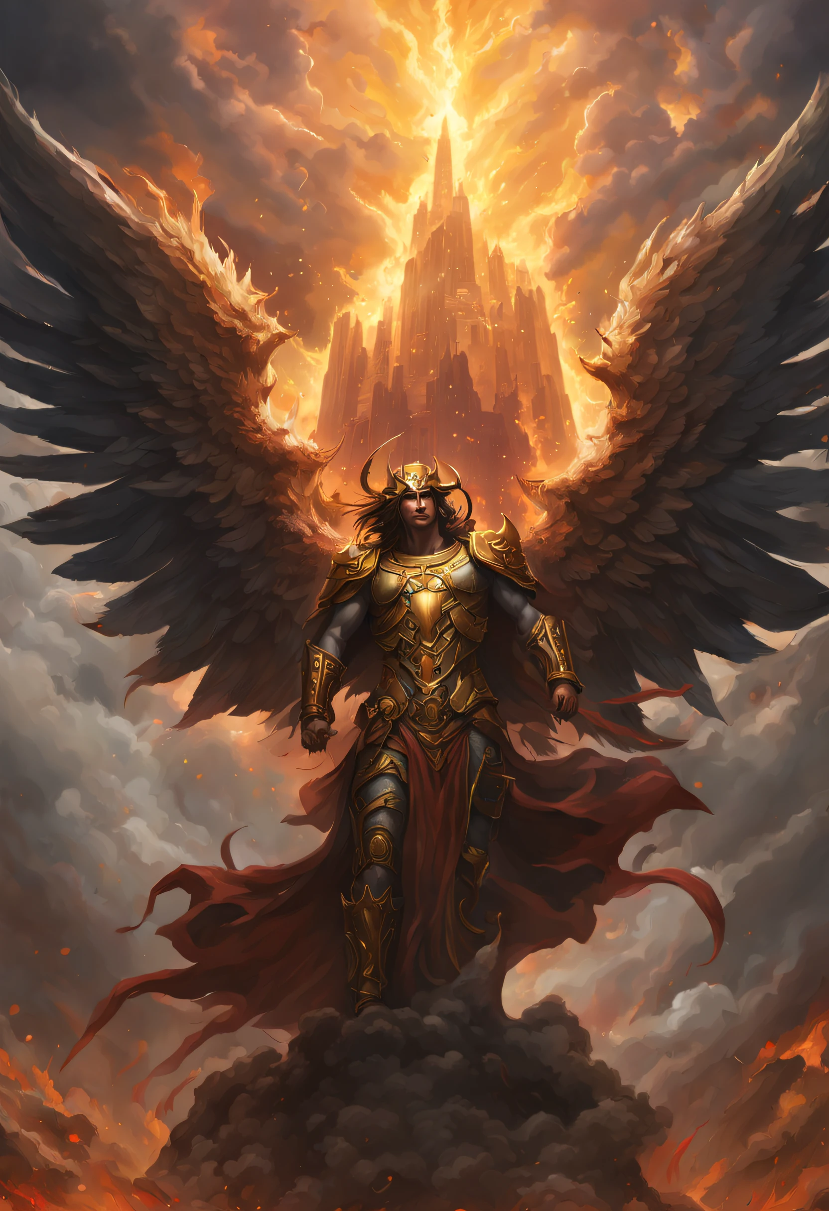 Stable Diffusion prompt:
battle in paradise,beautiful lucifer rebellion,angels battle,heavenly war,fierce clash,dramatic conflict,stormy skies,burning clouds,bright explosive lights,angelic warriors,fallen angels,forceful confrontation,divine chaos,explosive energy,majestic wings,intricate armor,ethereal beings,golden halos,rebellious paradise,dark forces engulfing,divine light piercing,celestial battleground,fury of heaven,paradise trembling,divided loyalties,massive destruction,heavenly vengeance,unleashed power,dystopian realm,ruthless combat,epic showdown,immortal strength,rampaging chaos,cosmic balance disrupted,sacred ground desecrated,apocalyptic beauty,desperate struggles,endless battle,captivating brutality,intense emotions,eternal conflict,otherworldly inferno,conquering darkness,majestic defeat,transcendent triumph,devastated paradise,conquering light,divine justice,shattered serenity,victorious redemption,angelic resilience,mythical allure,sunset of eternity. (best quality,4k,8k,highres,masterpiece:1.2),ultra-detailed,(realistic,photorealistic,photo-realistic:1.37),HDR,UHD,studio lighting,ultra-fine painting,sharp focus,physically-based rendering,extreme detail description,professional,vivid colors,bokeh,portraits,landscape,horror,anime,sci-fi,photography,concept artists,vibrant colors,soothing tones,ethereal lighting.