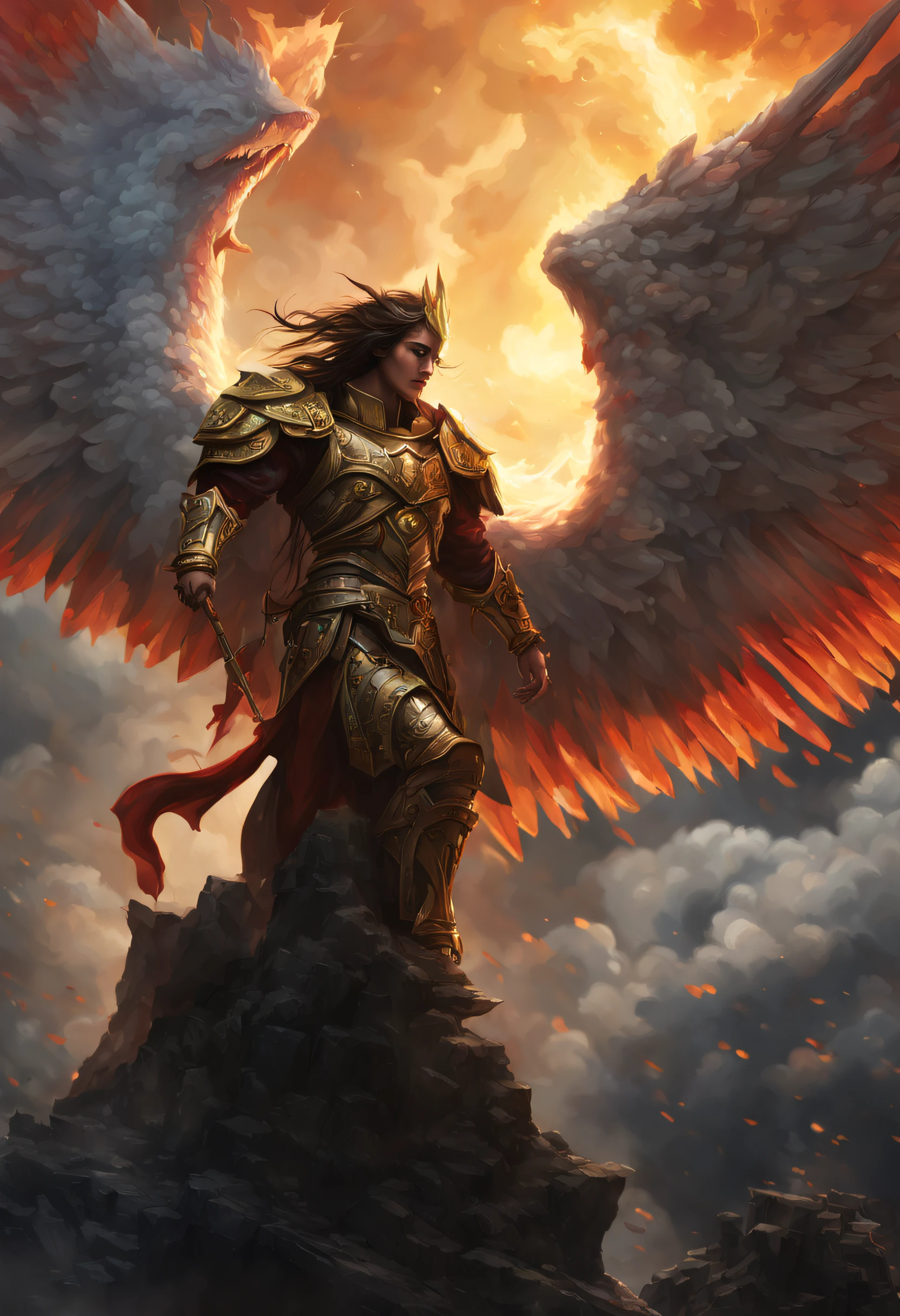 Stable Diffusion prompt:
battle in paradise,beautiful lucifer rebellion,angels battle,heavenly war,fierce clash,dramatic conflict,stormy skies,burning clouds,bright explosive lights,angelic warriors,fallen angels,forceful confrontation,divine chaos,explosive energy,majestic wings,intricate armor,ethereal beings,golden halos,rebellious paradise,dark forces engulfing,divine light piercing,celestial battleground,fury of heaven,paradise trembling,divided loyalties,massive destruction,heavenly vengeance,unleashed power,dystopian realm,ruthless combat,epic showdown,immortal strength,rampaging chaos,cosmic balance disrupted,sacred ground desecrated,apocalyptic beauty,desperate struggles,endless battle,captivating brutality,intense emotions,eternal conflict,otherworldly inferno,conquering darkness,majestic defeat,transcendent triumph,devastated paradise,conquering light,divine justice,shattered serenity,victorious redemption,angelic resilience,mythical allure,sunset of eternity. (best quality,4k,8k,highres,masterpiece:1.2),ultra-detailed,(realistic,photorealistic,photo-realistic:1.37),HDR,UHD,studio lighting,ultra-fine painting,sharp focus,physically-based rendering,extreme detail description,professional,vivid colors,bokeh,portraits,landscape,horror,anime,sci-fi,photography,concept artists,vibrant colors,soothing tones,ethereal lighting.