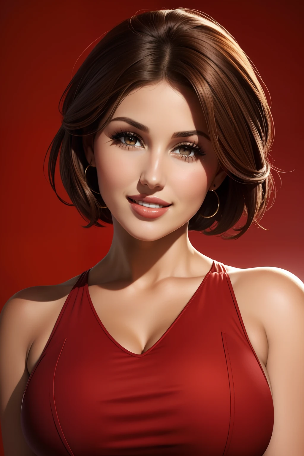 lucy pinder, face portrait, smiling, very short hair, brown hair, brown skin, red dress, red lipstick.