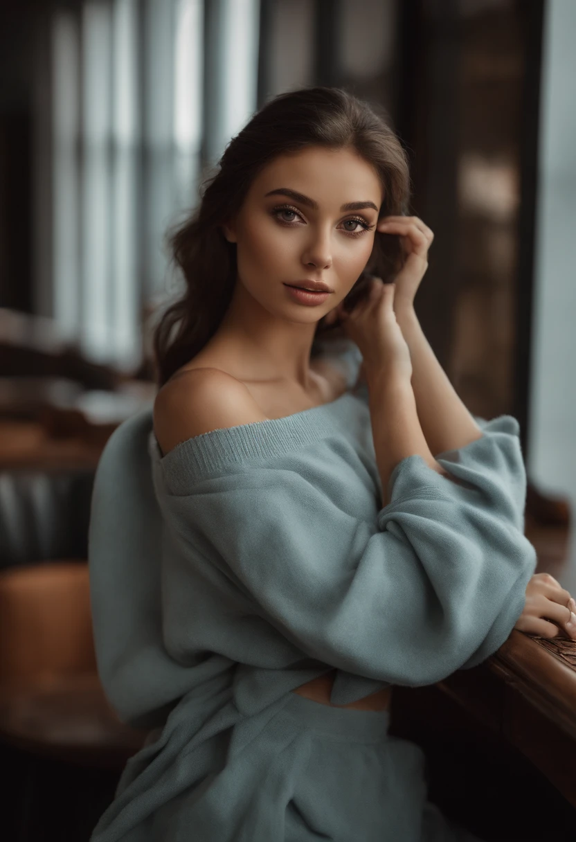 arafed woman with a beautiful winter outfit, sexy girl with brown eyes, portrait sophie mudd, brown hair and large eyes,bedroom eyes, violet myers, without makeup, natural makeup, looking directly at the camera, face with artgram, subtle makeup,selfie at the bar, cleavage, half naked