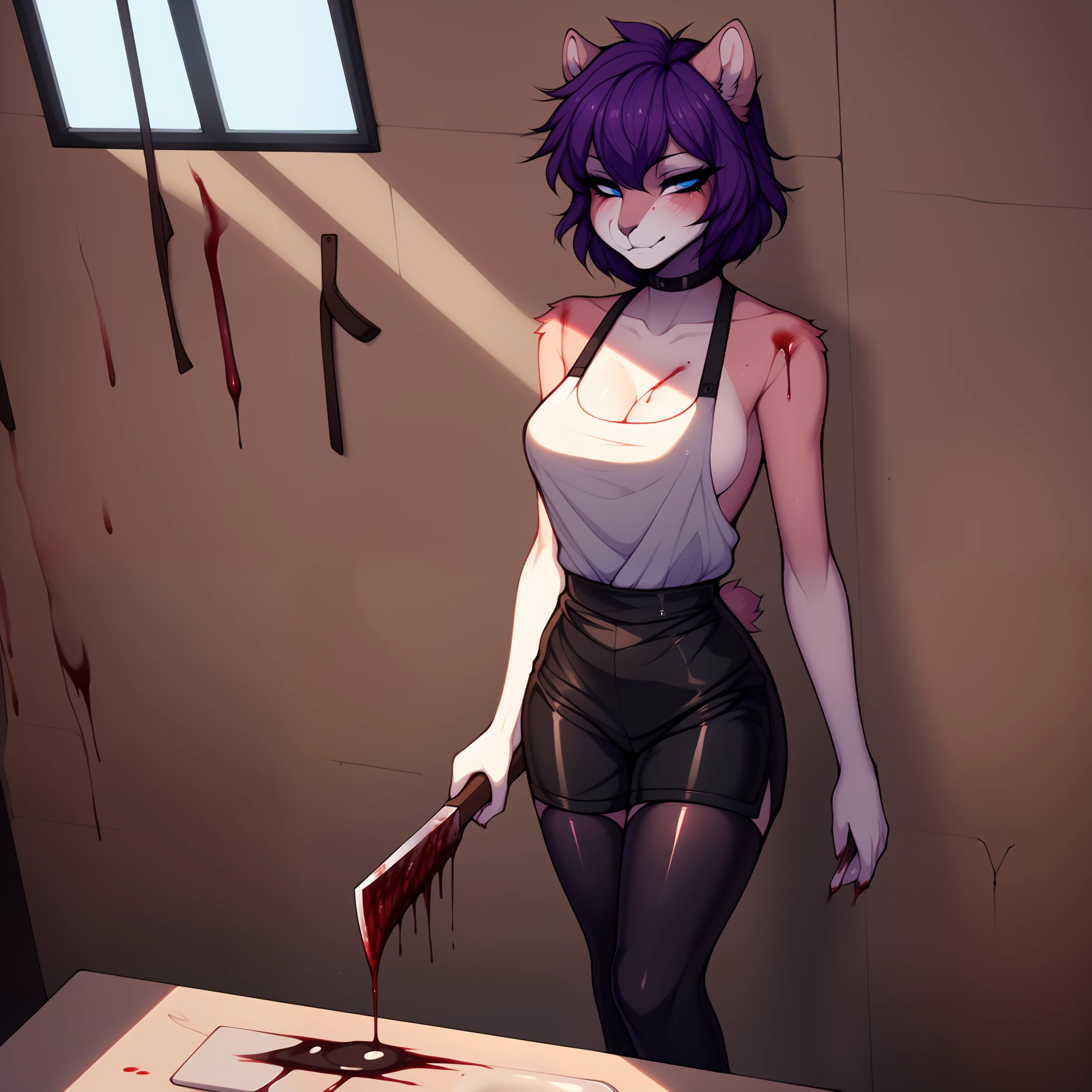Solo:1.3, by claweddrip, by fumiko, by hyattlen, kaori, anthro purple squirrel girl, blue eyes, mature, wearing white shirt, black leather apron, black leather shorts, clothes drenched in blood , face covered in blood, standing in a butcher shop, blood on the walls, hooks hanging from the ceiling, serious face, grinning, holding a butcher knife, chopping meat on a table, gore