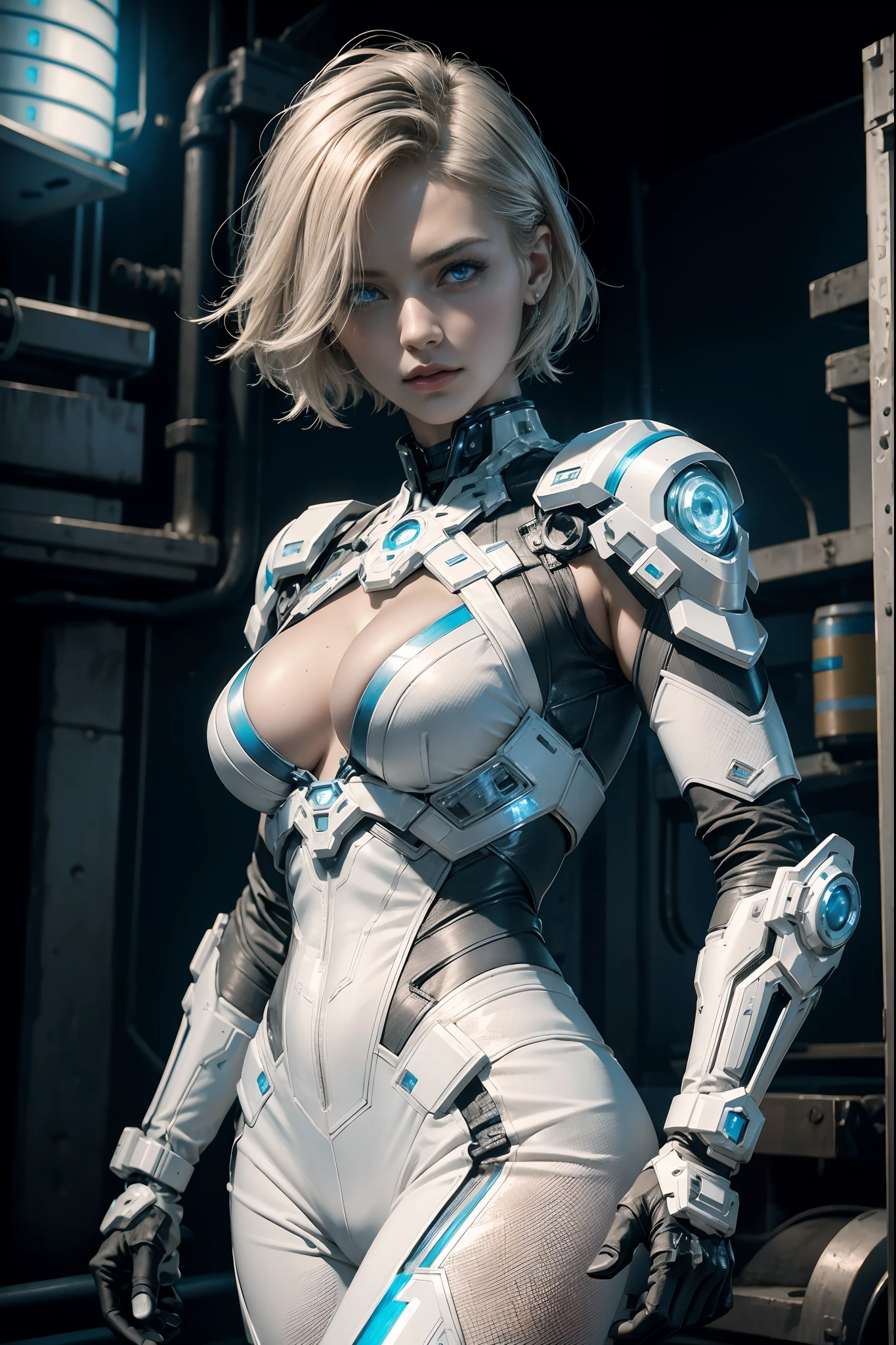 Gorgeous mech warrior woman, white battle suit with blue LED lights, short blond hair shaved on one side, high-tech, assassin, show a lot of skin, oily skin, show abs, cyberpunk city background, futuristic, detailed and intricate, cleavage, sexy masterpiece, best quality, highest quality, high definition, highly detailed, 8K, athletic and fit body, naughty, perfect hands, detailed hands, perfect eyes, detailed eyes, flirty, sexy, realistic, HDR, UHD, dynamic, cleavage