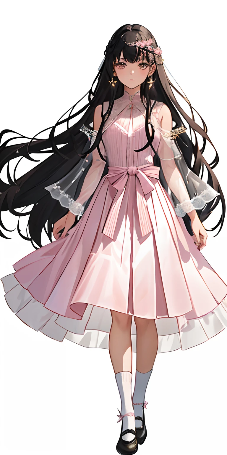 A 17 years old girl, super Long, flowing black hair.
• Gentle facial features with a hint of mystery and confusion in her eyes.
Wearing a (light pink:1.3) and pale white dress, which incorporates subtle gold or silver details.
The dress combines elements of both a pleated skirt and a flat skirt: the center portion of the dress is flat, while the sides have gentle pleats.
She has (light pink Mary Jane shoes) paired with (white lace-trimmed socks).
Slightly tightened puff sleeves that reflect her calm and reserved nature.
A simple belt around her waist, holding a few small magical tools.
(A translucent, gauzy shawl:1.3)
Simple star-shaped earrings.
Her medieval dress is embroidered with magical symbols or runes.
• Despite her strong magical powers, her overall appearance exudes a sense of understated elegance and gentleness.