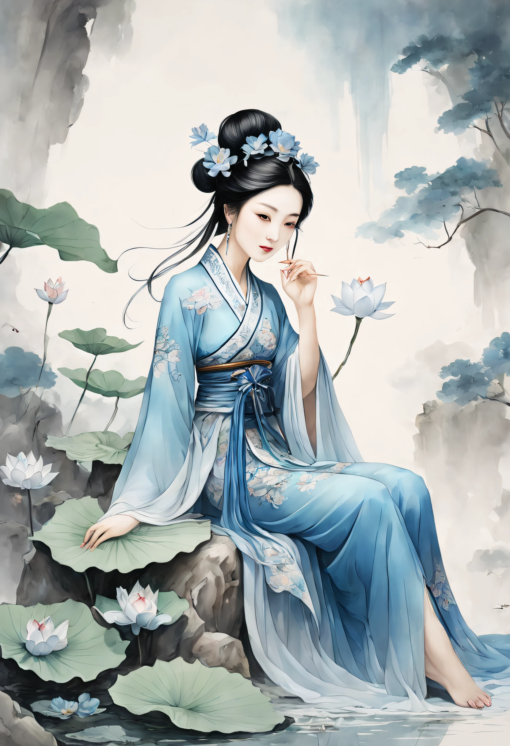 Ancient Chinese beauty sitting on stone, wearing ancient Chinese costume, flowing blue tulle, light silk, lazy pose, large lotus leaves, lotus flowers, ink painting style, clean colors, decisive cutting, white space, freehand, masterpiece, super detailed, epic composition, high quality, highest quality, 4k --v 6