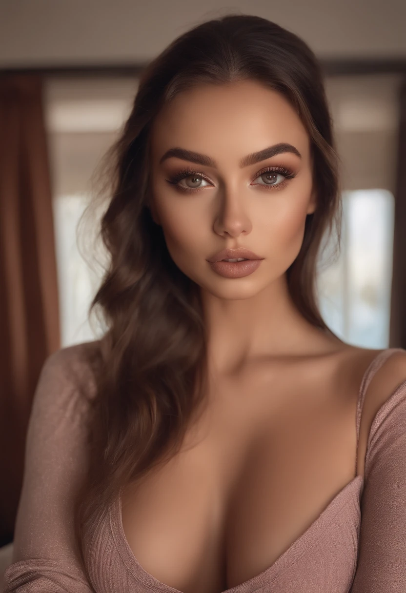 arafed woman with a revealing outfit, sexy girl with brown eyes, sophie mudd, brown hair and large eyes,bedroom eyes, violet myers,, natural makeup, looking directly at the camera, face with artgram, subtle makeup,selfie in a bedroom, cleavage, naked
