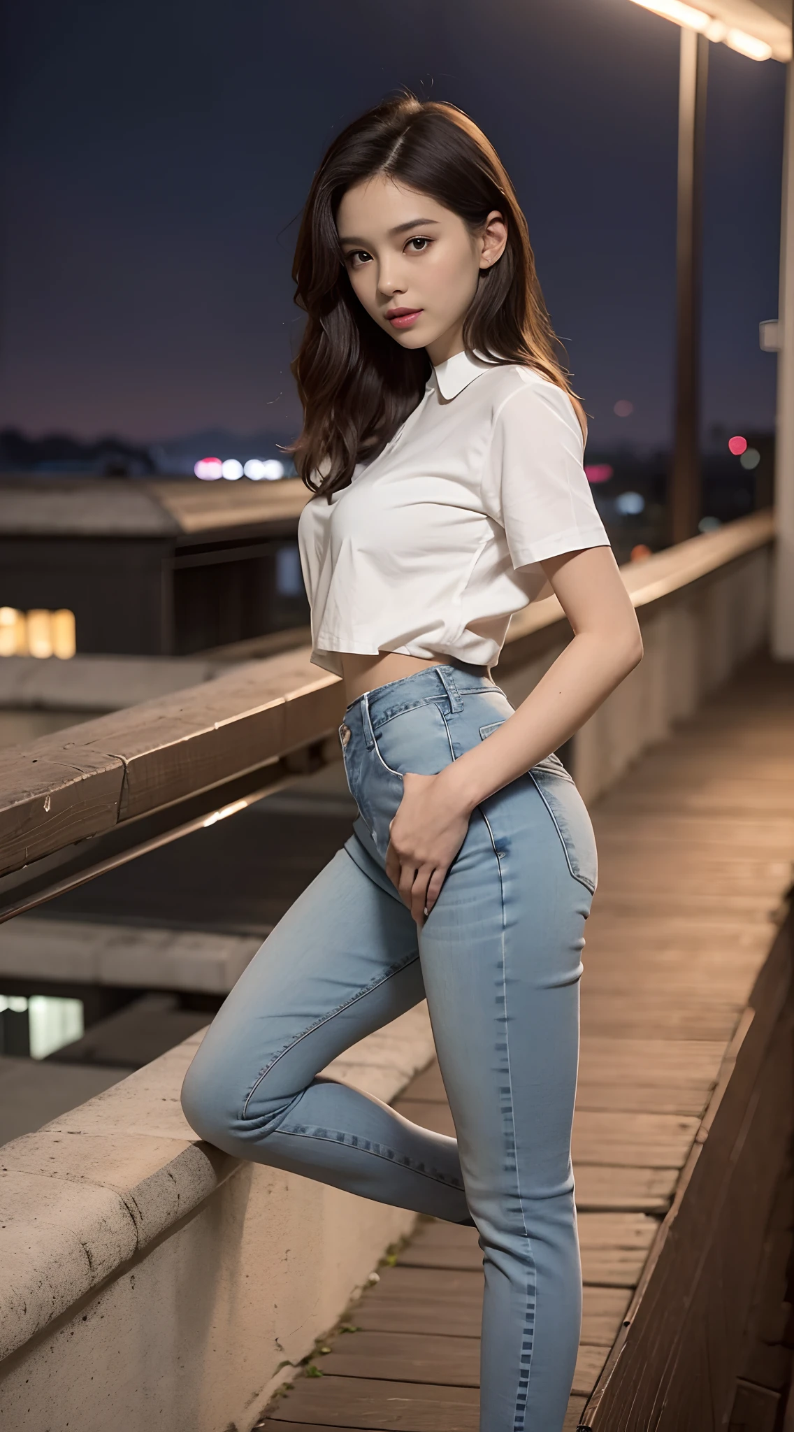 ((midynight, Need, 8K, tmasterpiece:1.3)), full bodyesbian, Thin legs, Focalors:1.2, （Skinny and small，Height one meter five）big breasts beautiful（）girlfriend:1.4, Slim abs:1.1, ((hair straight，Dark brown hair, Medium-sized breasts:1.2 )), (Stylish white loose shirt，The hem flutters， Stylish little flared jeans, standing on your feet:1.2), ((city night scene, the roof:1.3)), Highly detailed facial and skin texture, A detailed eye, Single Eyelids，Smile showing teeth，Super nice looking，Fair and well-proportioned legs，Lengthened jeans，Wear sandals，Reveals tender white toes，taken from the side，Show off your slender waist and beautiful hips，Pose sexy seduction，fully body photo
