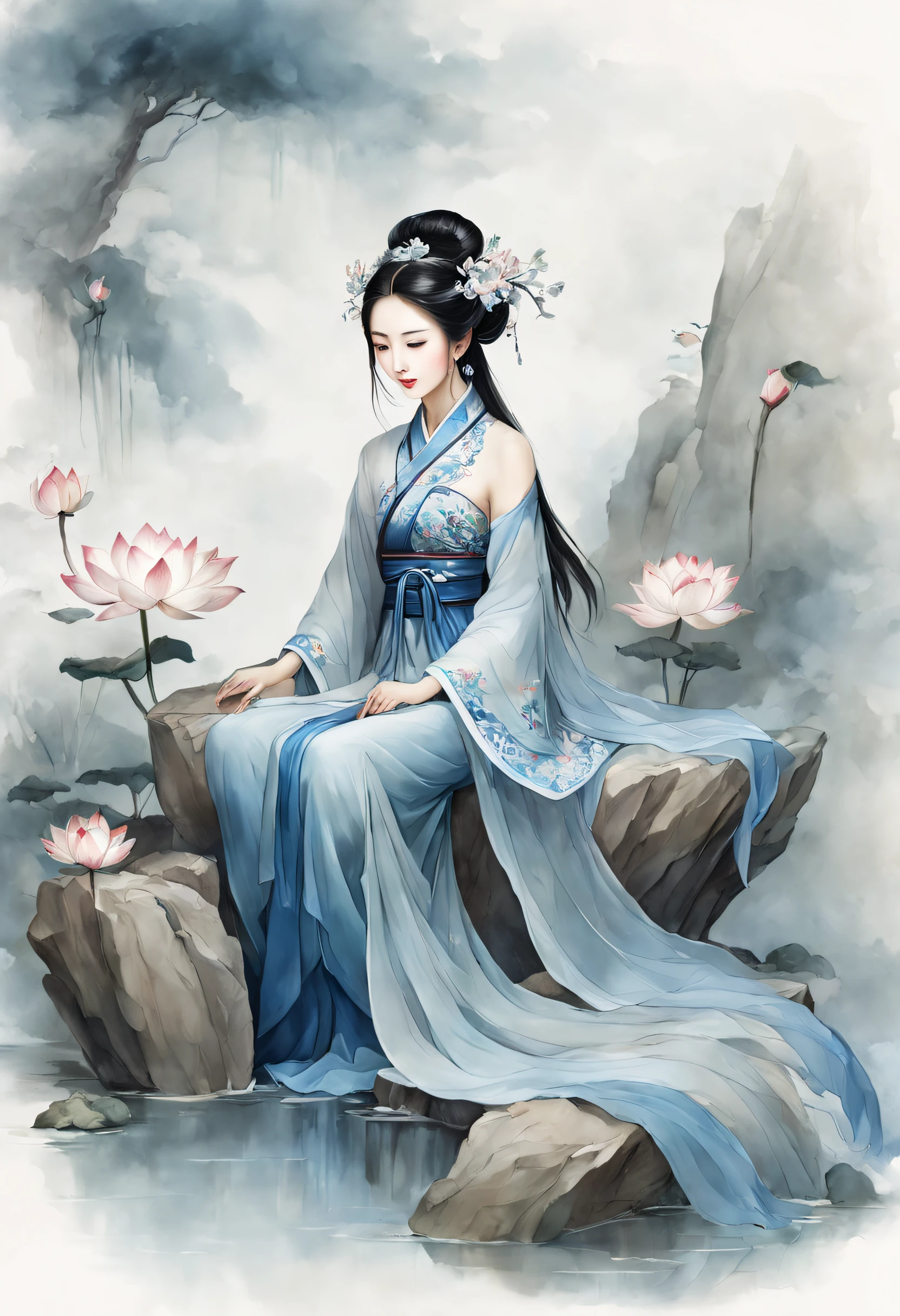 Ancient Chinese beauty sitting on stone, wearing ancient Chinese costume, flowing blue tulle, light silk, lazy pose, large lotus leaves, lotus flowers, ink painting style, clean colors, decisive cutting, white space, freehand, masterpiece, super detailed, epic composition, high quality, highest quality, 4k --v 6