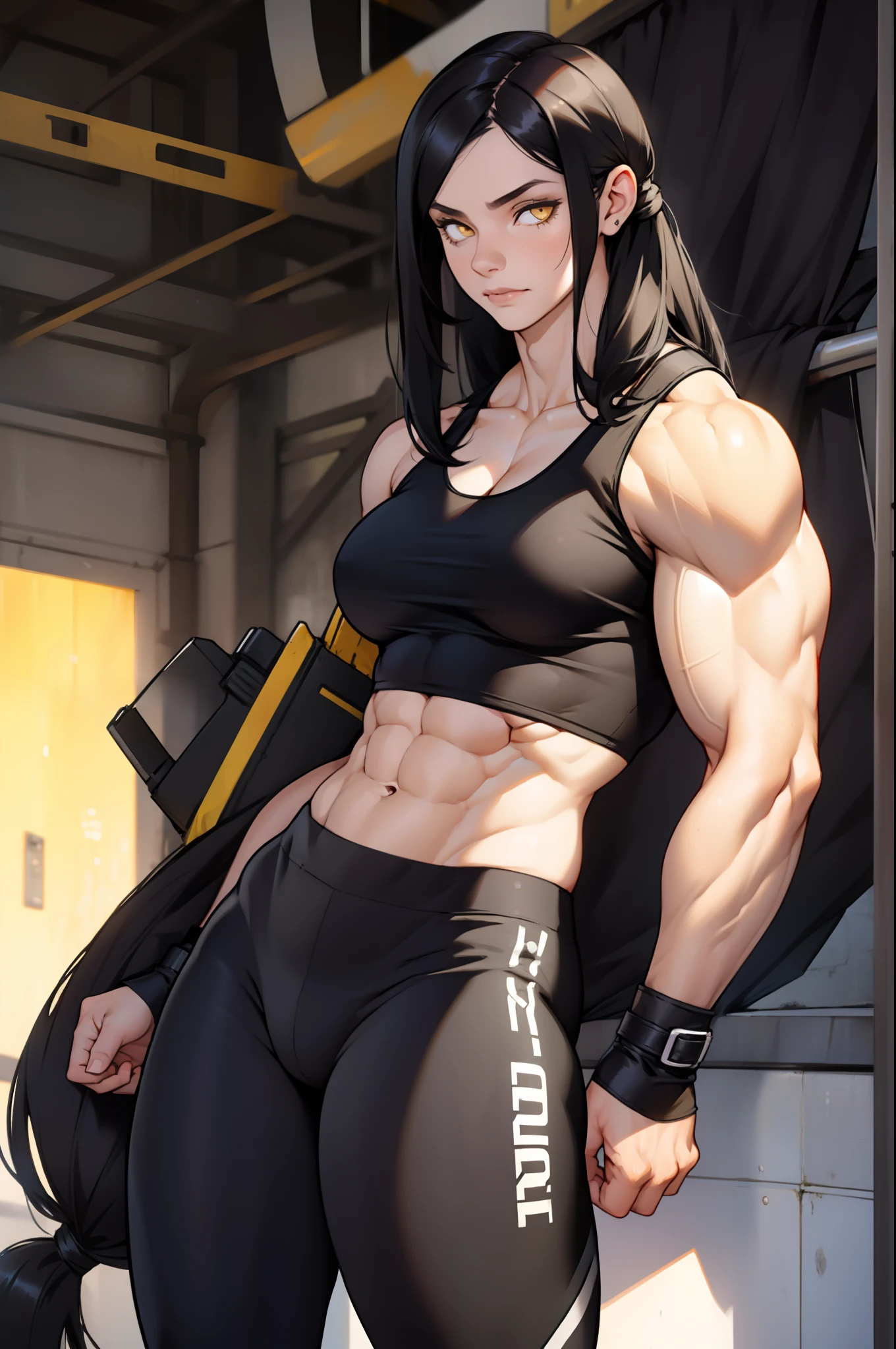 (((((((1 girl))))))), black hair, yellow eyes, very long hair, ((((((muscular)))))), tall, pale skin, (seductive expression), tank top, leggings