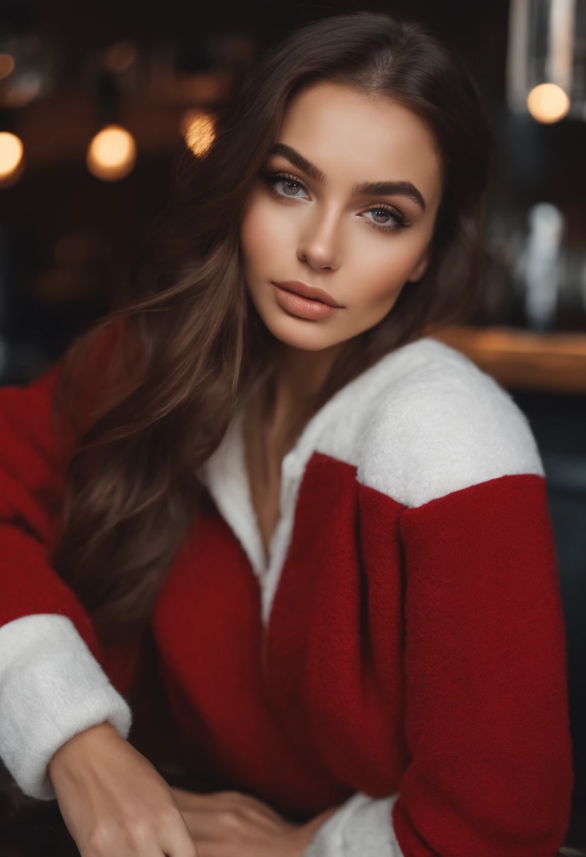 arafed woman with a beautiful winter outfit, sexy girl with brown eyes, portrait sophie mudd, brown hair and large eyes,bedroom eyes, violet myers, without makeup, natural makeup, looking directly at the camera, face with artgram, subtle makeup,selfie at the bar, cleavage, half naked, butt shot, big bum
