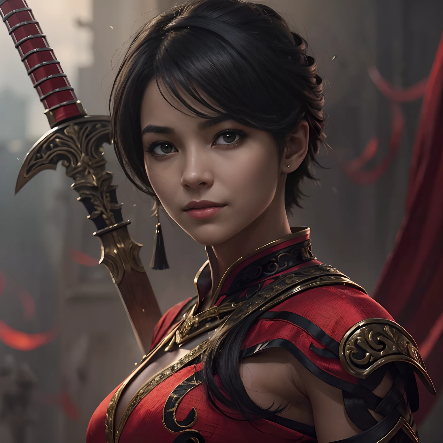 Um guerreiro destemido de estatura modesta, 1.58 million, whose short ebony hair highlights his bold expression. Seus olhos negros, piercing como noite, reflect the experience of a life full of challenges. Well-defined weapons tell the story of countless battles won. (short hair), (Asian), (corpo inteiro). Aos 30 anos, Elysia usa um vestido elegante, A fusion of red and black that fits like a second skin, Revealing the Deadly Grace of an Experienced Swordswoman. Her simple smile belies the complexity of her experiences, while a sleepy expression suggests a serenity that only the truly skilled can achieve.