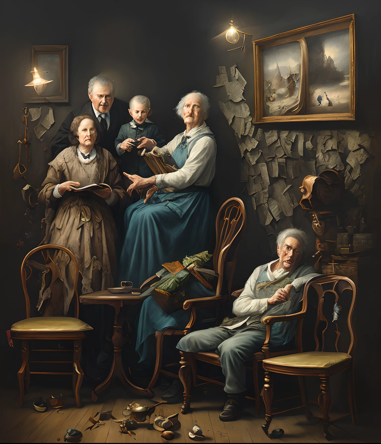 ****a painting of two chairs in the center, one has an 12 year old boy in it , the other chair holds a 16 year old boy, wall is covered in old yellowed newspaper, a fine art painting, by Lee Madgwick, figurative art, brooke shaden detailed, kerem beyit, style of john bauer, tom bagshaw and tom richmond, waiting, antiqued look, saturno butto, anton semenov, seated, old master --c 22 --s 1000 --ar 40:20 --uplight --v 5.1