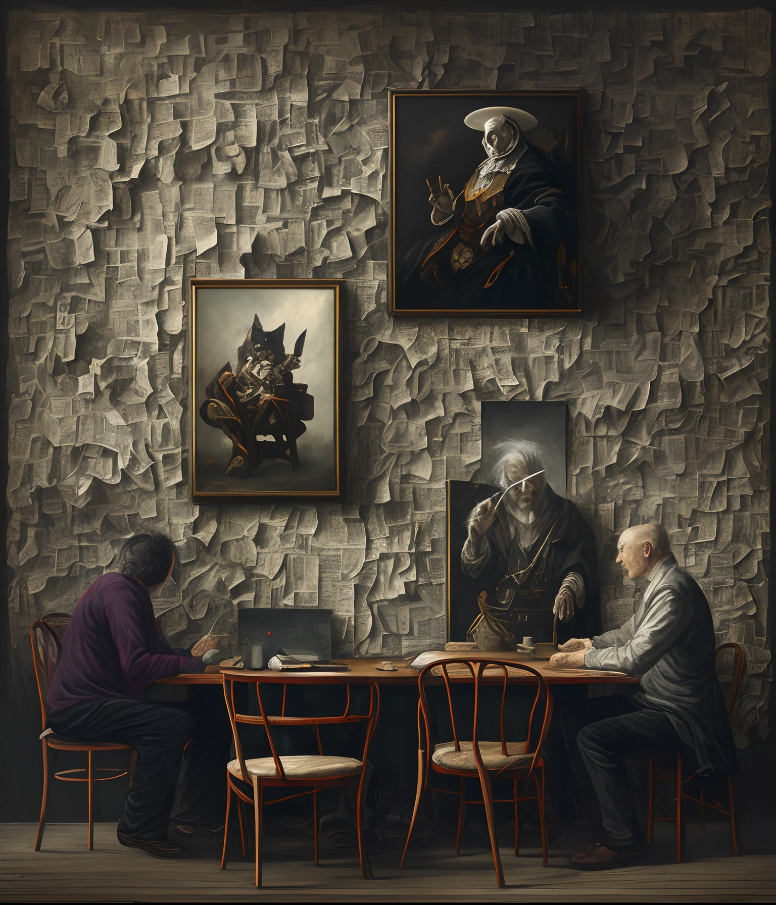 a painting of two chairs in the center, one has an boy in it , the other chair holds a 16 year old boyovered in old yellowed newspaper, a fine art painting, by Lee Madgwick, figurative art, brooke shaden detailed, kerem beyit, style of john bauer, tom bagshaw and tom richmond, waiting, antiqued look, saturno butto, anton semenov, seated, old master --c 22 --s 1000 --ar 40:20 --uplight --v 5.1
