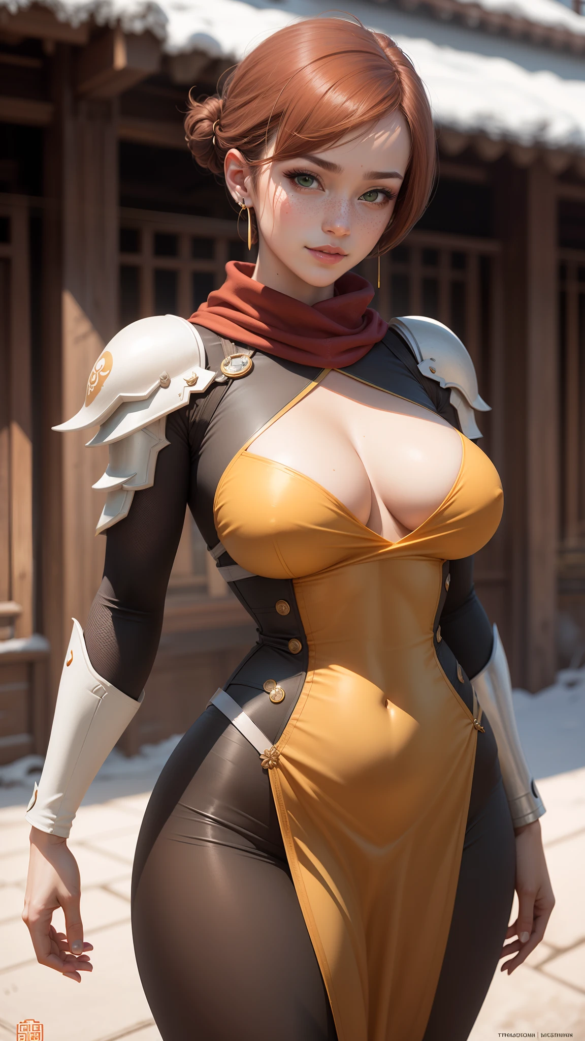 gwen tennyson,tracer,chun-li,rebecca chambers,overwatch,gundam,1girl,close up,mecha pilot,chinese garden,orange and gold dress,chinese hair pin,pirate corset,silver long sleeve lycra top,silver leggings,short hair,cute makeup,green eyes,orange and gold hair,shy smile, freckles,redhead,beautiful girl,large breasts,ultra detailed,realistic,fantasy art,chinese dress,chinese armor,snow scarf,feudal era,steel armor,earrings,