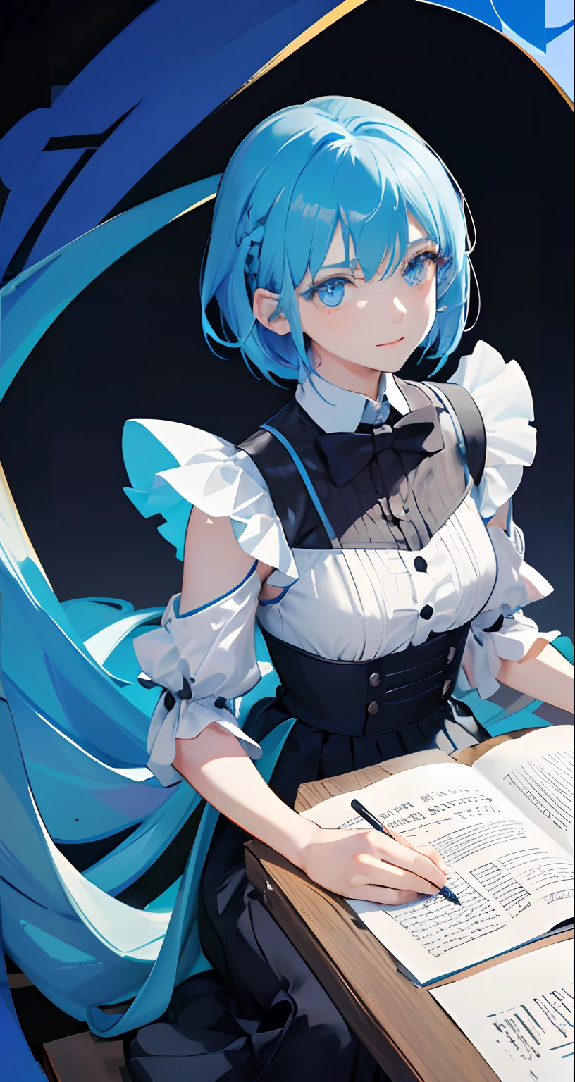 ​masterpiece、top-quality、Movie stills、One girl、、(a closeup:1.2)、with light glowing、Happiness、A delightful、Soft lighting、(Bauhaus、form、Line、abstracted:1.1)Gilji Bluehair Shorthair、butterflys々、Black long skirt((​masterpiece)), deadpan, (((top-quality))), ((illustratio)),
1girl in,, ((独奏)), (详细的脸), (Beautiful details), Bright eye, blue eyess, ((dishevled hair)), 
A smile、blank stare、sitting on、((Facing to the side))、
Bow Tie Hair Band、Black transparent skirt、noble、Mystical、
Bright background
(magazine:1.1), (cover-style:1.1), Fashionable, femele, with a vibrant, outfits, the pose, the front, Colorful, Dynamic, Background with, element, I'm confident, expresive, ngel, statement, accessorized, An majestic, coiled, surroundings, Touch, The scene, Texto, covers, It's bold, captures the attention, Titles, Stylish,  Catchy, headline, The large, Impressive, moderno, Trendy, Focus, lo fashion,Gilji Blue Hair Short Hair、Gilji Bluehair Shorthair、Wearing a formal suit