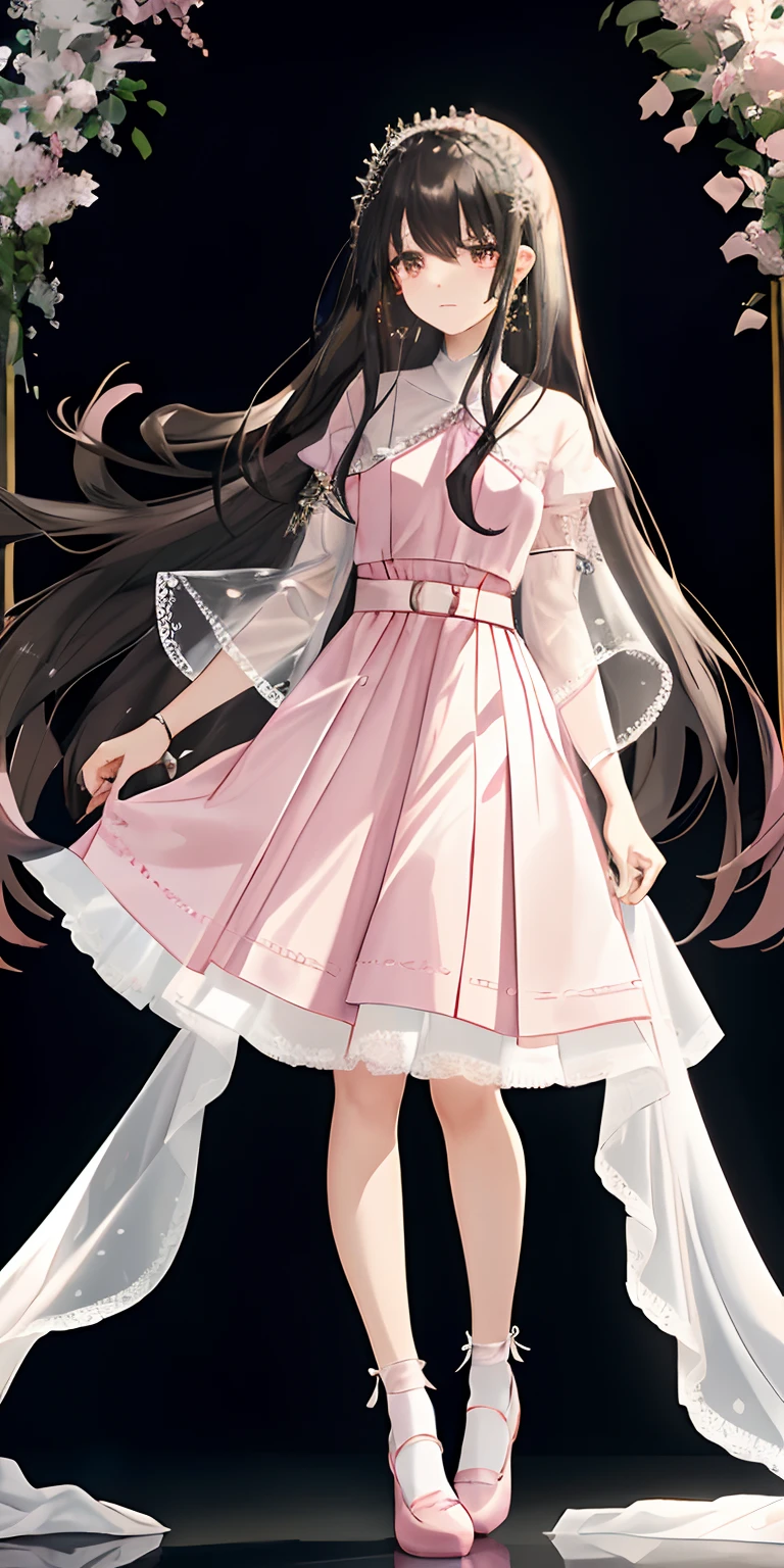 A 17 years old girl, super Long, flowing black hair.
• Gentle facial features with a hint of mystery and confusion in her eyes.
Wearing a (light pink:1.3) and pale white dress, which incorporates subtle gold or silver details.
The dress combines elements of both a pleated skirt and a flat skirt: the center portion of the dress is flat, while the sides have gentle pleats.
She has light pink Mary Jane shoes paired with white lace-trimmed socks.
Slightly tightened puff sleeves that reflect her calm and reserved nature.
A simple belt around her waist, holding a few small magical tools.
(A translucent, gauzy shawl:1.3)
Simple star-shaped earrings.
Her medieval dress is embroidered with magical symbols or runes.
• Despite her strong magical powers, her overall appearance exudes a sense of understated elegance and gentleness.