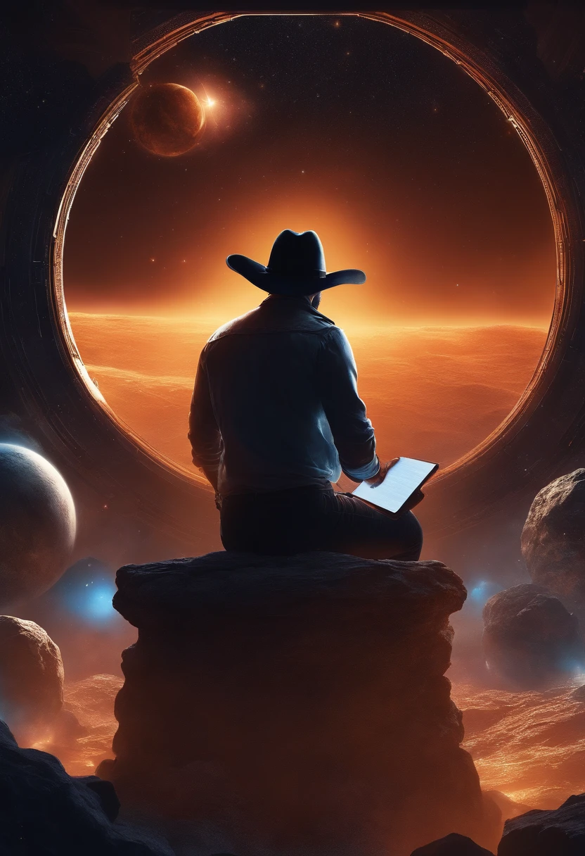 Desenhe um jovem programador, sitting on a research platform floating in the middle of an asteroid belt. He is studying with a notebook, surrounded by several asteroids glowing with fiery auras. Dramatic lighting from distant stars and planets illuminates the scene, projetando sombras profundas no terno. O jovem parece confiante e determinado, looking at the vast and mysterious universe with wonder and respect,facial hair, cowboy shot,