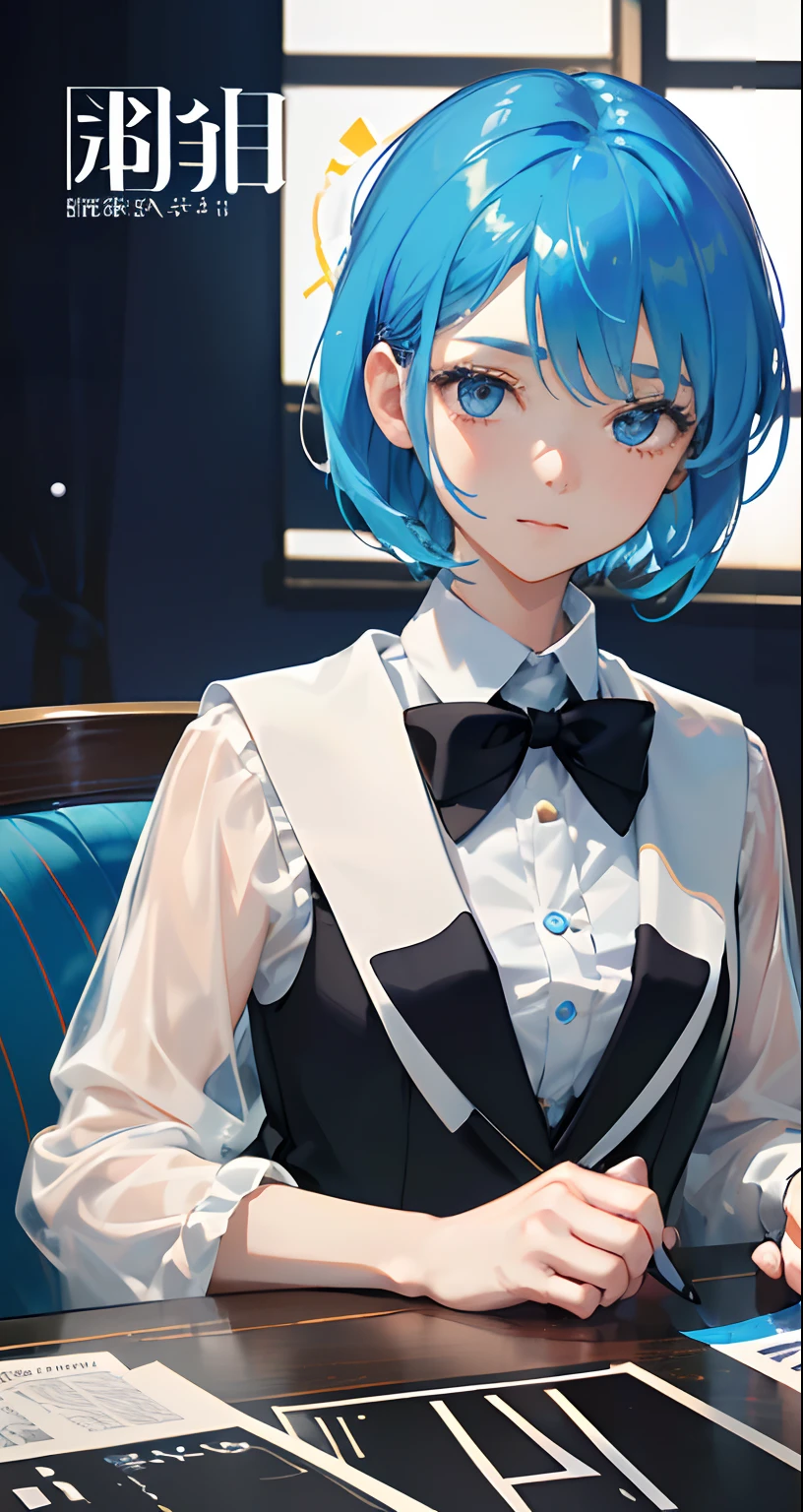 masterpiece、top-quality、Movie stills、One girl、、(a closeup:1.3)、with light glowing、Happiness、A delightful、Soft lighting、(Bauhaus、form、Line、abstracted:1.1)Gilji Blue Hair Short Hair、butterflys々、Black long skirt((masterpiece)), deadpan, (((top-quality))), ((illustratio)),
1girl in,, ((独奏)), (详细的脸), (Beautiful details), Bright eye, blue eyess, ((dishevled hair)),
A smile、blank stare、sitting on、((Facing to the side))、
Bow Tie Hair Band、Black skirt、noble、Mystical、
Bright background
(magazine:1.1), (cover-style:1.1), Fashionable, femele, with a vibrant, outfits, the pose, the front, Colorful, Dynamic, Background with, element, I'm confident, expresive, ngel, statement, accessorized, An majestic, coiled, surroundings, Touch, The scene, Texto, covers, It's bold, captures the attention, Titles, Stylish, Catchy, headline, The large, Impressive, moderno, Trendy, Focus, lo fashion,Gilji Bluehair Shorthair、Gilji Blue Hair Short Hair、(Wearing a formal suit:1.2)