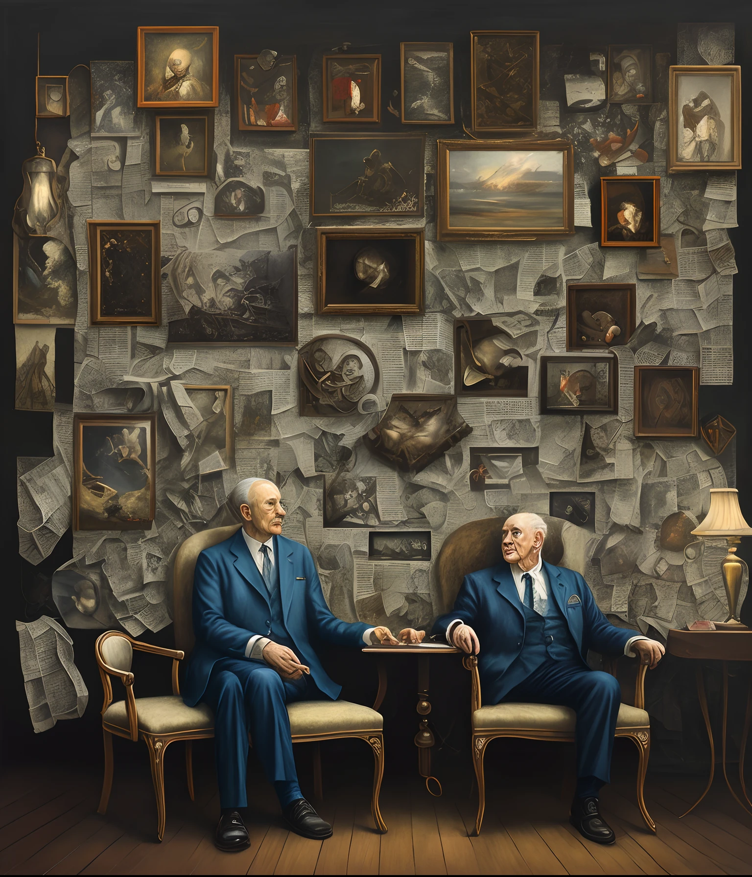 ****a painting of two chairs in the center, one has an 12 year old boy in it , the other chair holds a 16 year old boy, wall is covered in old yellowed newspaper, a fine art painting, by Lee Madgwick, figurative art, brooke shaden detailed, kerem beyit, style of john bauer, tom bagshaw and tom richmond, waiting, antiqued look, saturno butto, anton semenov, seated, old master --c 22 --s 1000 --ar 40:20 --uplight --v 5.1