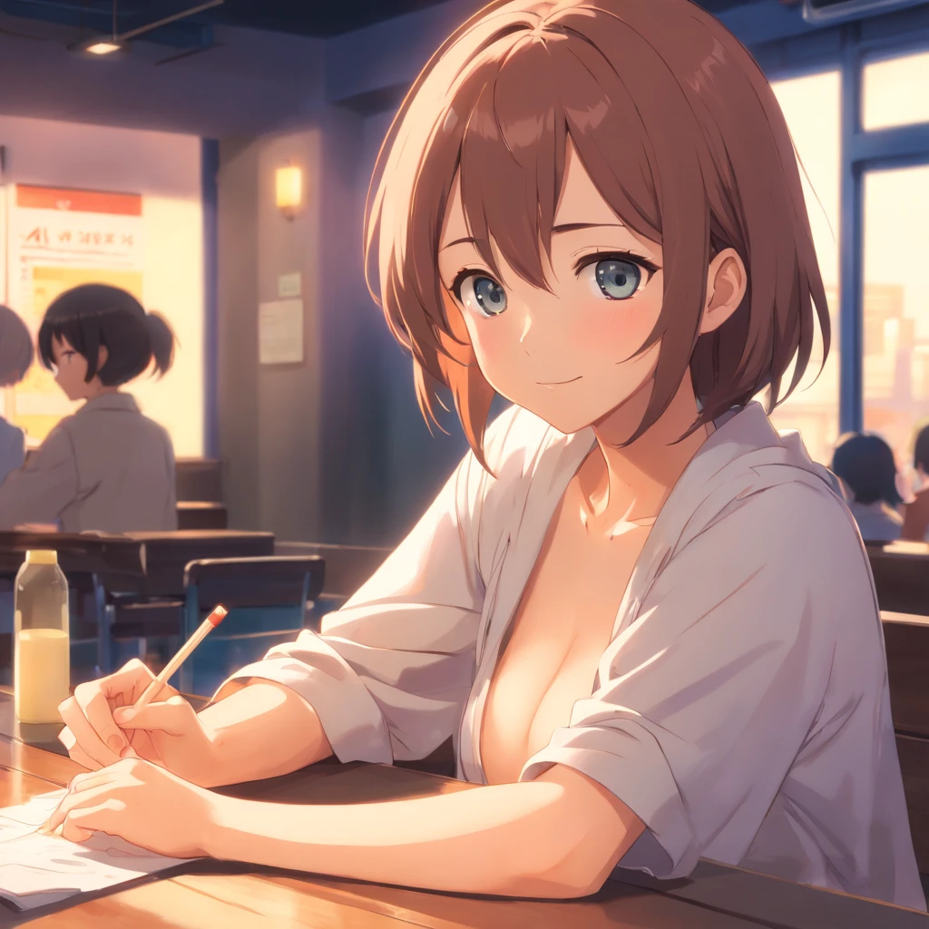 ((Libido girls:2,best qualtiy)), girl,fully naked,Sit in a class seat,Place your hands parallel to the table,com um rosto quadrado,mid - length hair,Pupil constriction,fake smile,looking toward the viewer,Face close,(tmasterpiece),facing to audience,Only facial area is counted。