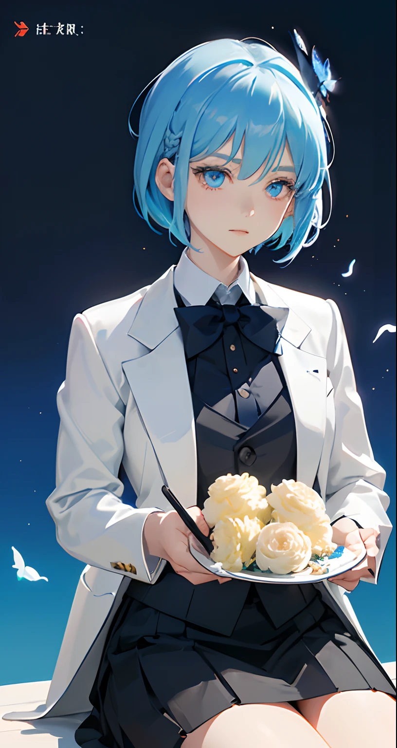 masterpiece、top-quality、Movie stills、One girl、、(a closeup:1.3)、with light glowing、Happiness、A delightful、Soft lighting、(Bauhaus、form、Line、abstracted:1.1)Gilji Blue Hair Short Hair、butterflys々、Black long skirt((masterpiece)), deadpan, (((top-quality))), ((illustratio)),
1girl in,, ((独奏)), (详细的脸), (Beautiful details), Bright eye, blue eyess, ((dishevled hair)),
A smile、blank stare、sitting on、((Facing to the side))、
Bow Tie Hair Band、Black skirt、noble、Mystical、
Bright background
(magazine:1.1), (cover-style:1.1), Fashionable, femele, with a vibrant, outfits, the pose, the front, Colorful, Dynamic, Background with, element, I'm confident, expresive, ngel, statement, accessorized, An majestic, coiled, surroundings, Touch, The scene, Texto, covers, It's bold, captures the attention, Titles, Stylish, Catchy, headline, The large, Impressive, moderno, Trendy, Focus, lo fashion,Gilji Bluehair Shorthair、Gilji Blue Hair Short Hair、(Wearing a formal suit:1.2)