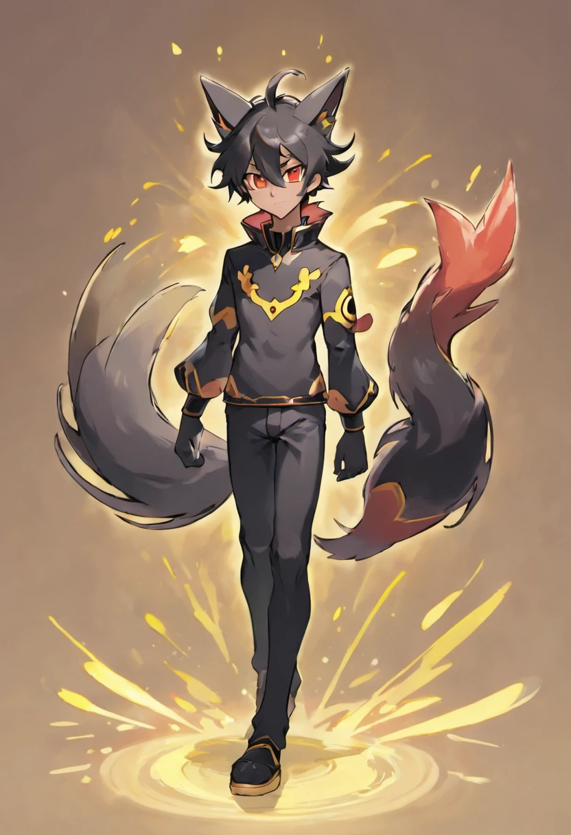 Full body portrait, Effeminate male Nine tailed Umbreon, short black hair, slender body, perfect red eyes, Umbreon head, Umbreon body colors, nine perfect Umbreon tails, animal nose, male focus, shiny fur, anthro art, fantasy furry art, perfect shading, masterpiece 1.21, illustration 1.2,bright colors, three-quarter view,