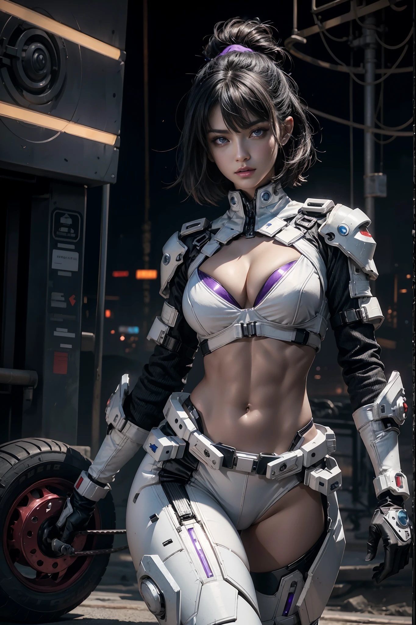 Gorgeous mech warrior woman, small white battle suit with purple and red LED lights, show stomach, short black hair shaved on one side, high-tech, assassin, show a lot of skin, oily skin, show abs, cyberpunk city background, futuristic, detailed and intricate, cleavage, sexy masterpiece, best quality, highest quality, high definition, highly detailed, 8K, athletic and fit body, naughty, perfect hands, detailed hands, perfect eyes, detailed eyes, flirty, sexy, realistic, HDR, UHD, dynamic, cleavage