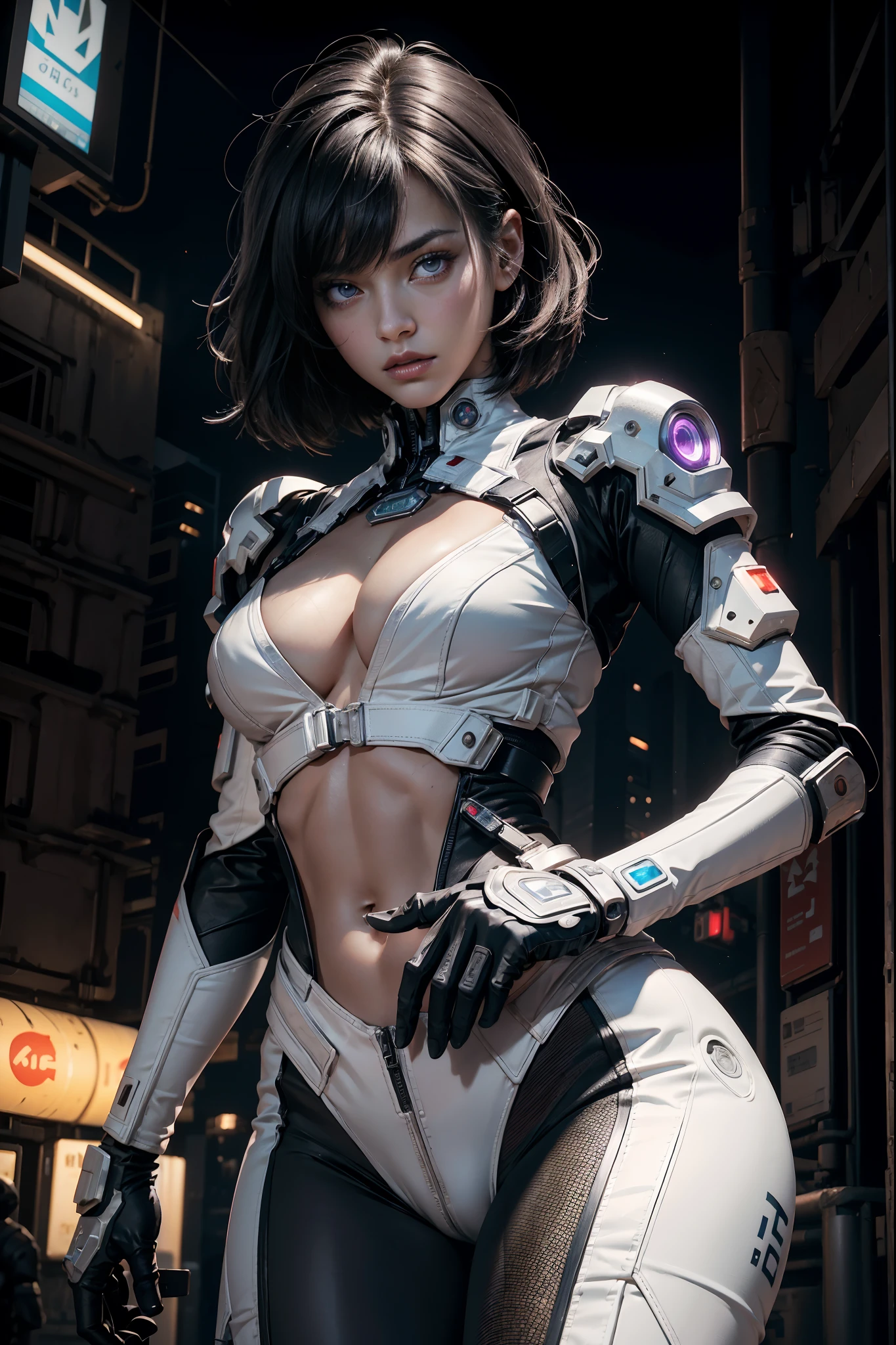 Gorgeous mech warrior woman, small white battle suit with purple and red LED lights, show stomach, short black hair shaved on one side, high-tech, assassin, show a lot of skin, oily skin, show abs, cyberpunk city background, futuristic, detailed and intricate, cleavage, sexy masterpiece, best quality, highest quality, high definition, highly detailed, 8K, athletic and fit body, naughty, perfect hands, detailed hands, perfect eyes, detailed eyes, flirty, sexy, realistic, HDR, UHD, dynamic, cleavage