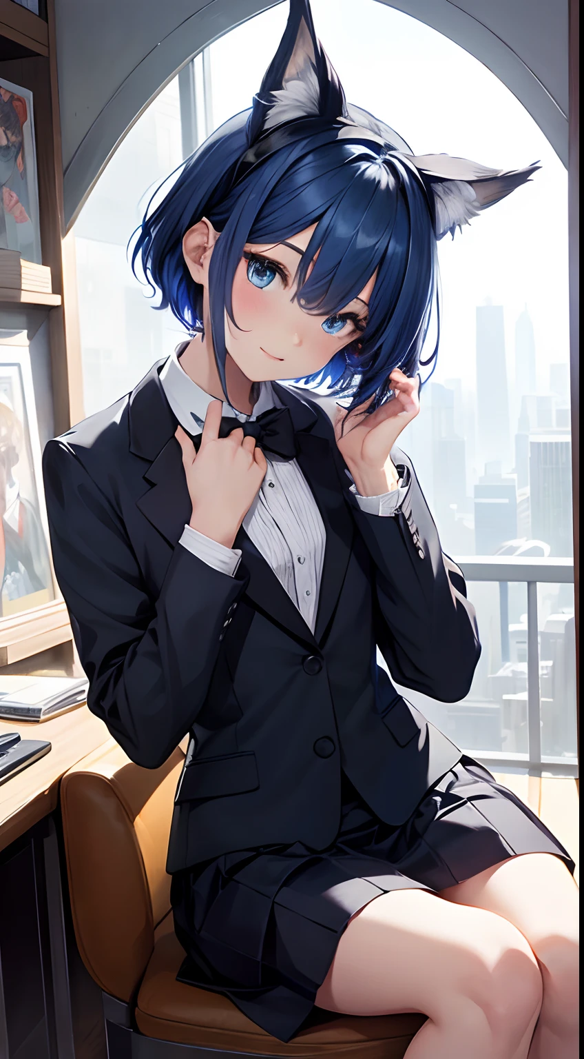 masterpiece、top-quality、Movie stills、One girl、、(a closeup:1.1)、with light glowing、Happiness、A delightful、Soft lighting、(Bauhaus、form、Line、abstracted:1.1)Gilji Bluehair Shorthair、butterflys々、Black long skirt((masterpiece)), deadpan, (((top-quality))), ((illustratio)),
1girl in,, ((独奏)), (详细的脸), (Beautiful details), Bright eye, blue eyess, ((dishevled hair)),
A smile、blank stare、sitting on、((Facing to the side))、
Bow Tie Hair Band、Black transparent skirt、noble、Mystical、
Bright background、write、
(magazine:1.1), (cover-style:1.1), Fashionable, femele, with a vibrant, outfits, the pose, the front, Colorful, Dynamic, Background with, element, I'm confident, expresive, ngel, statement, accessorized, An majestic, coiled, surroundings, Touch, The scene, Texto, covers, It's bold, captures the attention, Titles, Stylish, Catchy, headline, The large, Impressive, moderno, Trendy, Focus, lo fashion,Gilji Blue Hair Short Hair、Gilji Bluehair Shorthair、Gilji Blue Hair Short Hair, (Wearing a formal suit:1.3)