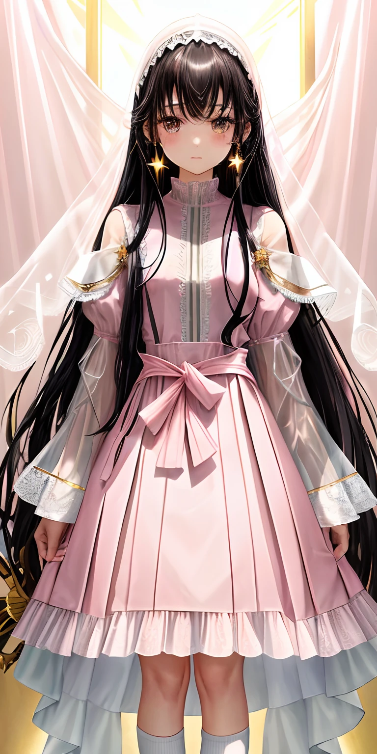 A  girl, super Long, flowing black hair.
	•	Gentle facial features with a hint of mystery and confusion in her eyes.

Wearing a (light pink:1.3) and pale white dress, which incorporates subtle gold or silver details.
The dress combines elements of both a pleated skirt and a flat skirt: the center portion of the dress is flat, while the sides have gentle pleats.
She has ((light pink:1.3) Mary Jane shoes) paired with (white lace-trimmed socks)).
Slightly tightened puff sleeves that reflect her calm and reserved nature.
A simple belt around her waist, holding a few small magical tools.
(A translucent, gauzy shawl:1.3)
Simple star-shaped earrings.
Her medieval dress is embroidered with magical symbols or runes.
	•	Despite her strong magical powers, her overall appearance exudes a sense of understated elegance and gentleness.