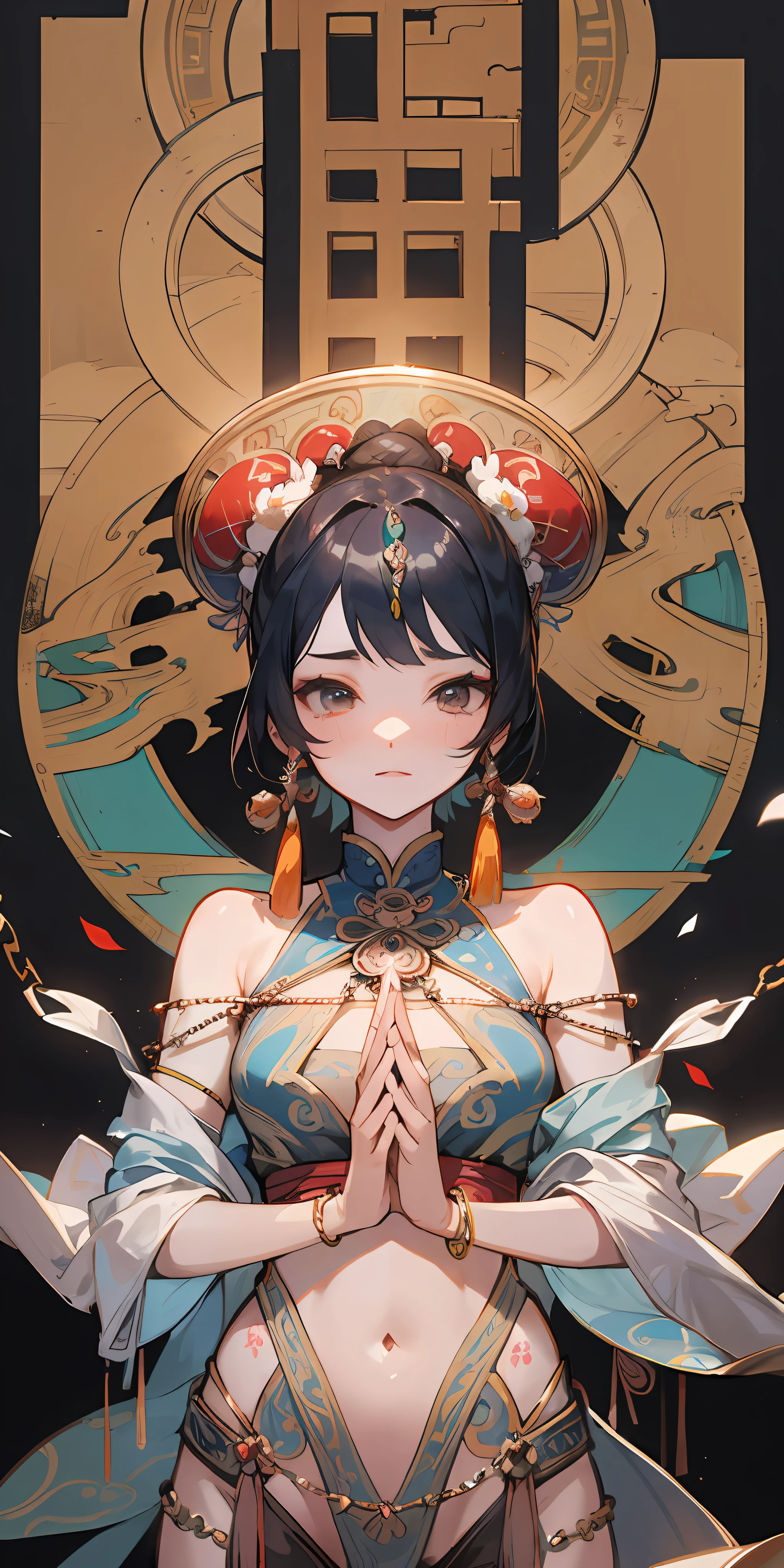 An ancient Chinese beauty with gorgeous costumes embroidered with intricate embroidery, with transparent colorful streamers tied around her arms, flowing, showing her navel, bare shoulders, open neck with buns, flower hairpins, armbands tied with streamers, bracelets, anklets , with metal chain tassels around the waist, Mogao Grottoes art, Dunhuang Flying Apsaras mural inspiration, ink wash, cgstation popular --v 6