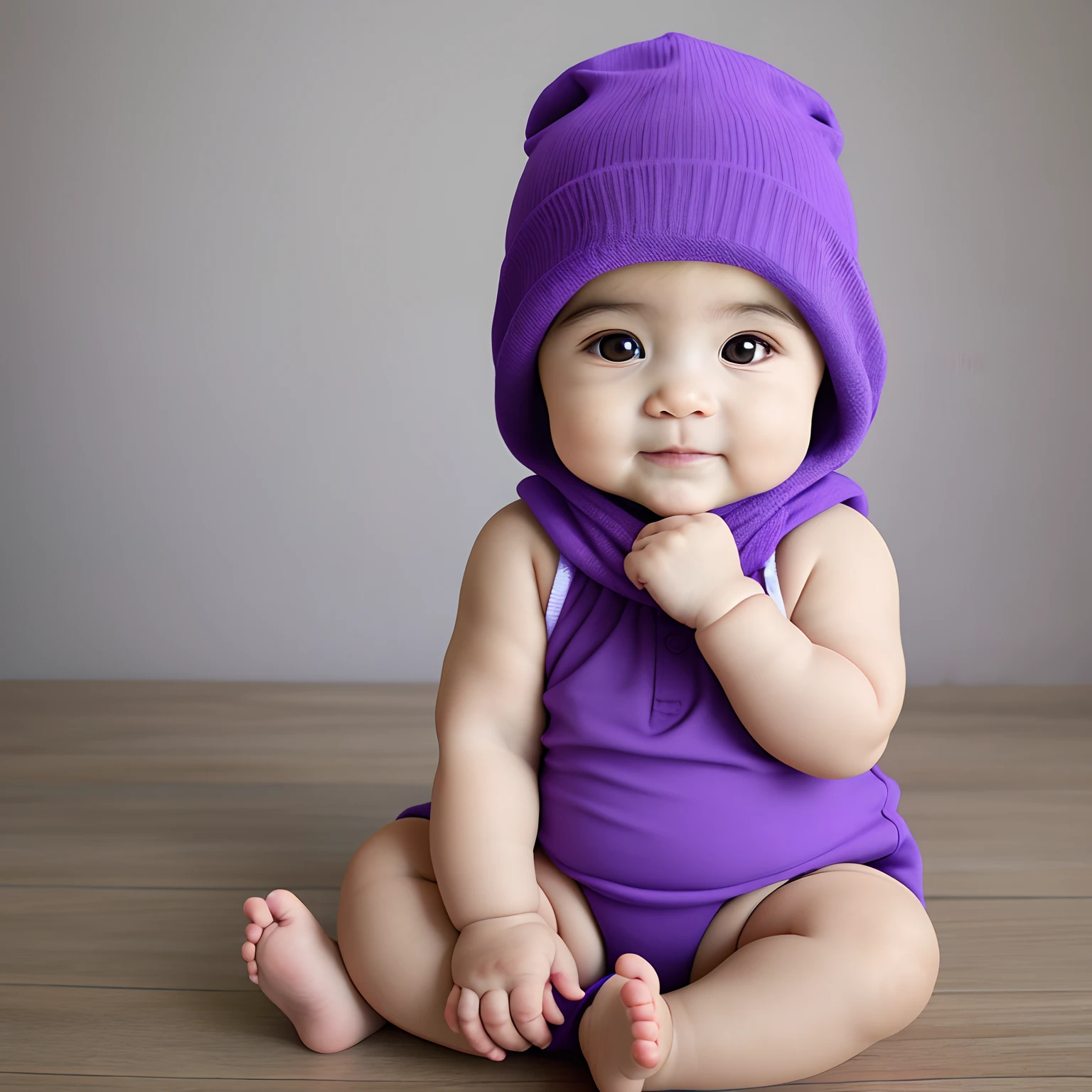 1-year-old baby, pele branca, com vestido branco, Purple beanie on head, sitting position, foto ultra realista, 8k